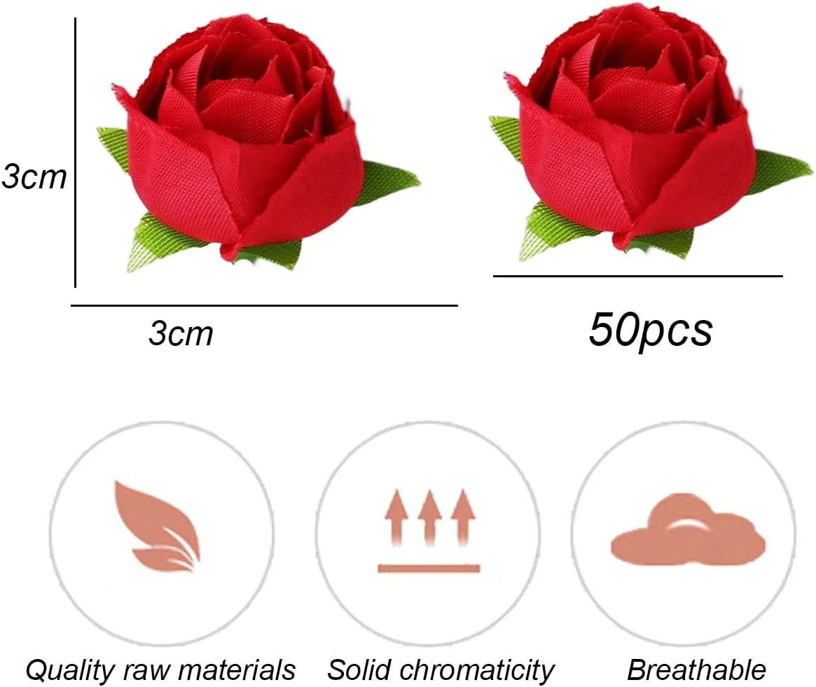 گل رز مصنوعی، بسته 50 عددی سر گل رز قرمز مصنوعی، سر گل رز ابریشمی مینیاتوری 1.2 اینچی واقعی برای صنایع دستی عروسی دکوراسیون منزل مهمانی ماشین عروسی کلاه کفش لوازم جانبی گل سینه