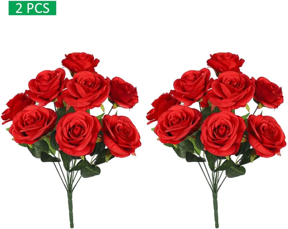 دسته گل مصنوعی یاتای، گل رز قرمز ابریشمی واقعی، گل مصنوعی بدون نیاز به نگهداری، گل های مصنوعی بادوام و ماندگار برای گلدان، ایده آل برای دکوراسیون منزل و دفتر
