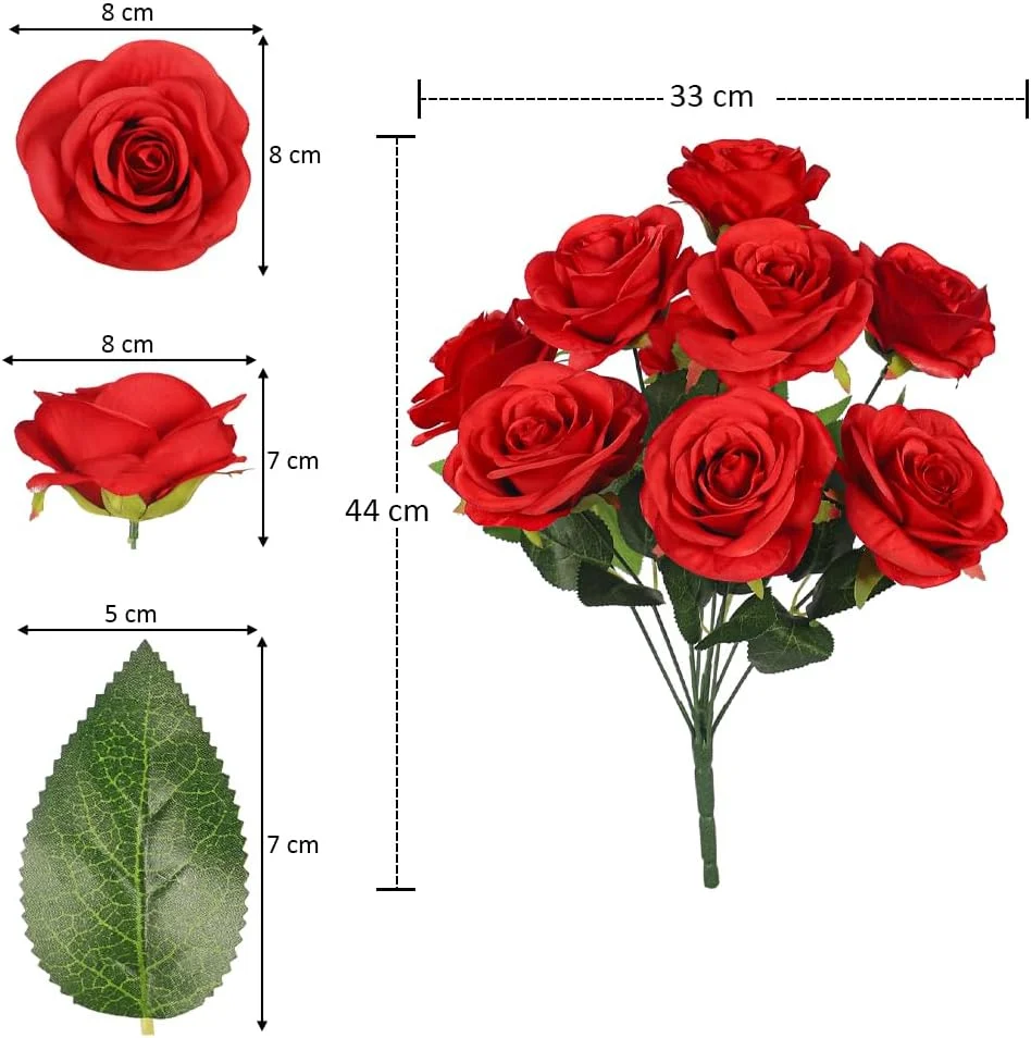 دسته گل مصنوعی یاتای، گل رز قرمز ابریشمی واقعی، گل مصنوعی بدون نیاز به نگهداری، گل های مصنوعی بادوام و ماندگار برای گلدان، ایده آل برای دکوراسیون منزل و دفتر