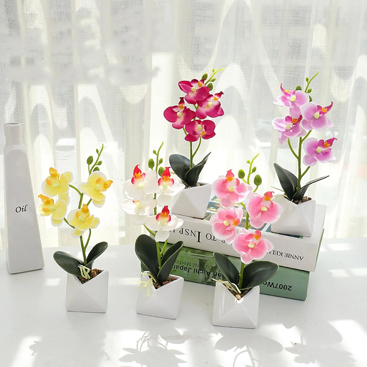 گل مصنوعی لاله شبیه سازی شده، گل لاله گلدانی، گل مصنوعی تزئینی با گلدان پلاستیکی برای خانه، اتاق نشیمن، دفتر، مهمانی، عروسی (پنج فالانوپسیس صورتی)