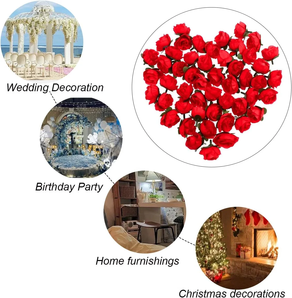گل رز مصنوعی، بسته 50 عددی سر گل رز قرمز مصنوعی، سر گل رز ابریشمی مینیاتوری 1.2 اینچی واقعی برای صنایع دستی عروسی دکوراسیون منزل مهمانی ماشین عروسی کلاه کفش لوازم جانبی گل سینه