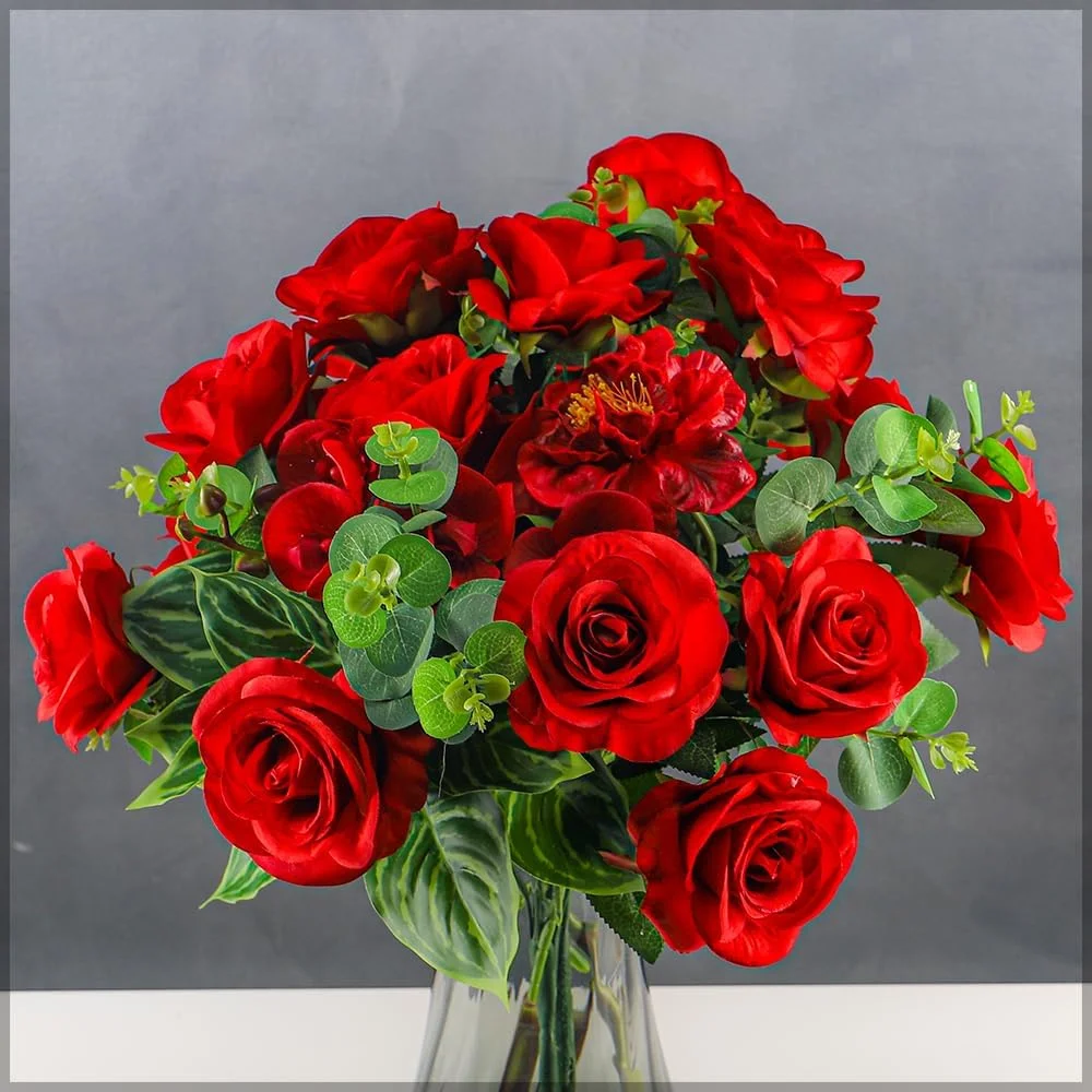 دسته گل مصنوعی یاتای، گل رز قرمز ابریشمی واقعی، گل مصنوعی بدون نیاز به نگهداری، گل های مصنوعی بادوام و ماندگار برای گلدان، ایده آل برای دکوراسیون منزل و دفتر