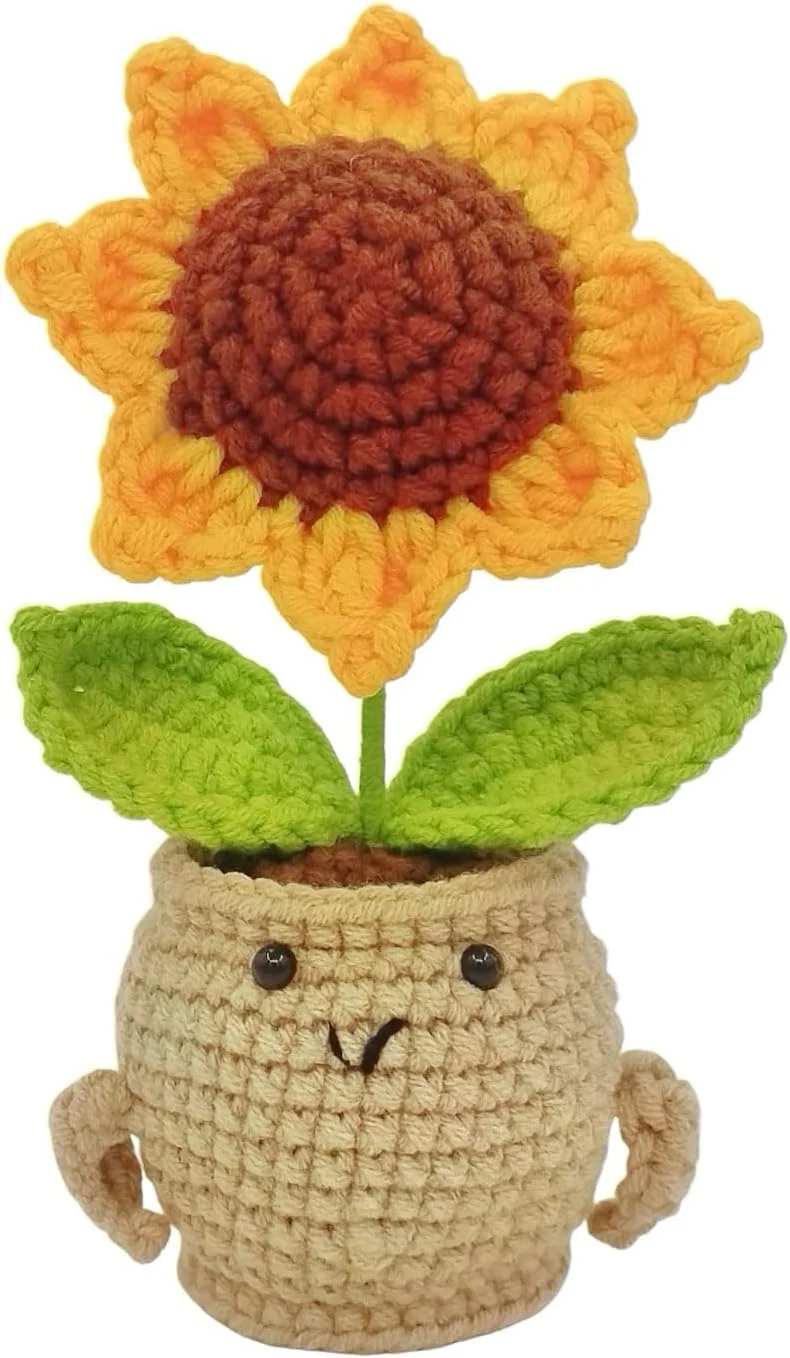 گل های مصنوعی بافتنی دست ساز زیبا نهسیاک با گلدان، گل آفتابگردان مصنوعی گل قلاب بافی دکور برای هدیه دفتر کار منزل برای تعطیلات کریسمس دکوراسیون میز خانه دکوراسیون داشبورد ماشین