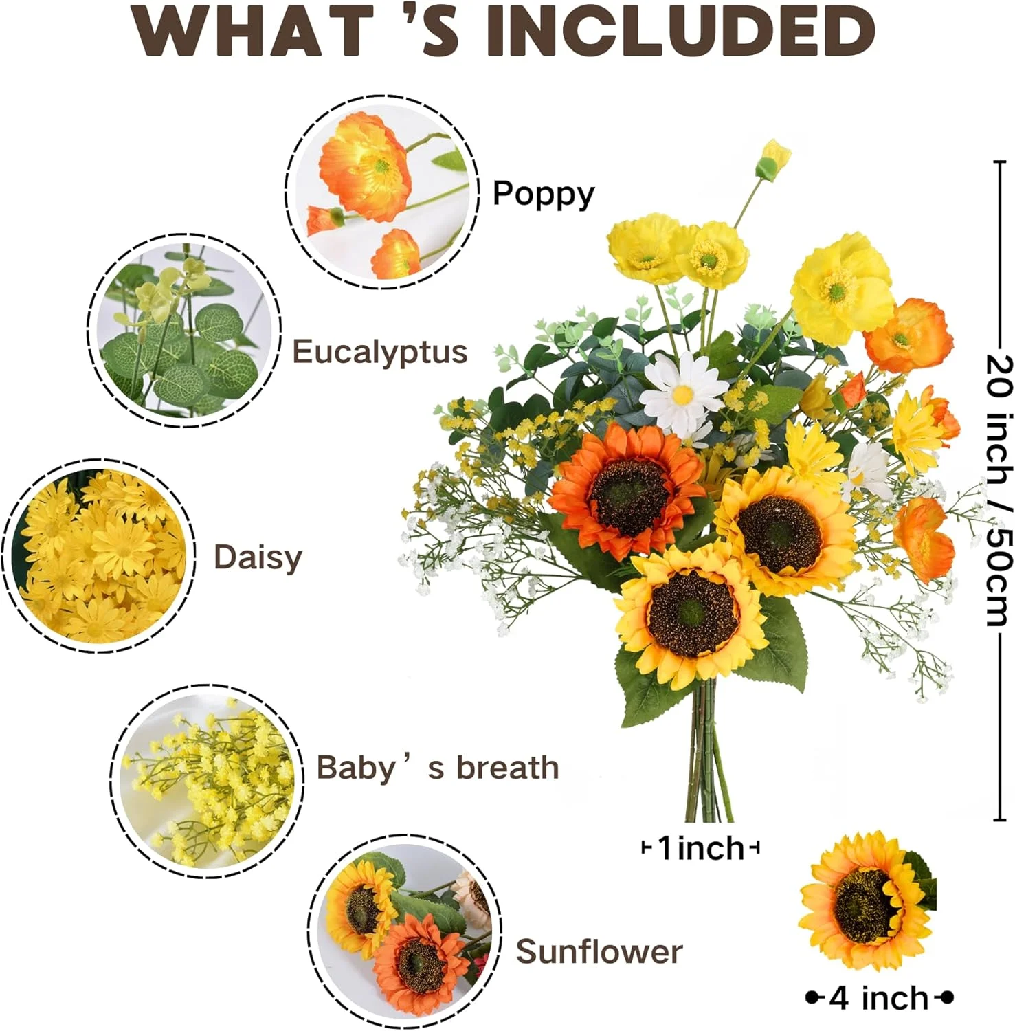 دسته گل آفتابگردان مصنوعی 50 سانتی متری، گل مصنوعی با گل نفس کودک مصنوعی، اکالیپتوس، گل ابریشمی برای تزئینات میز عروسی بهاری و تابستانی، دکوراسیون منزل، چیدمان گل میز مهمانی، تزئینات قبرستان