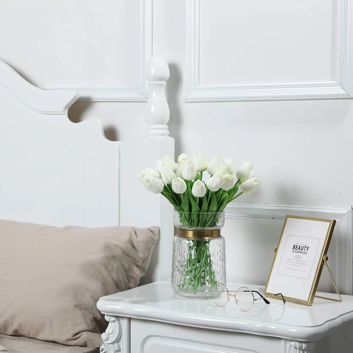 دسته گل لاله مصنوعی مناسب عروسی، جشنواره، دکور، لمس واقعی PU، بسته 20 عددی (سفید)