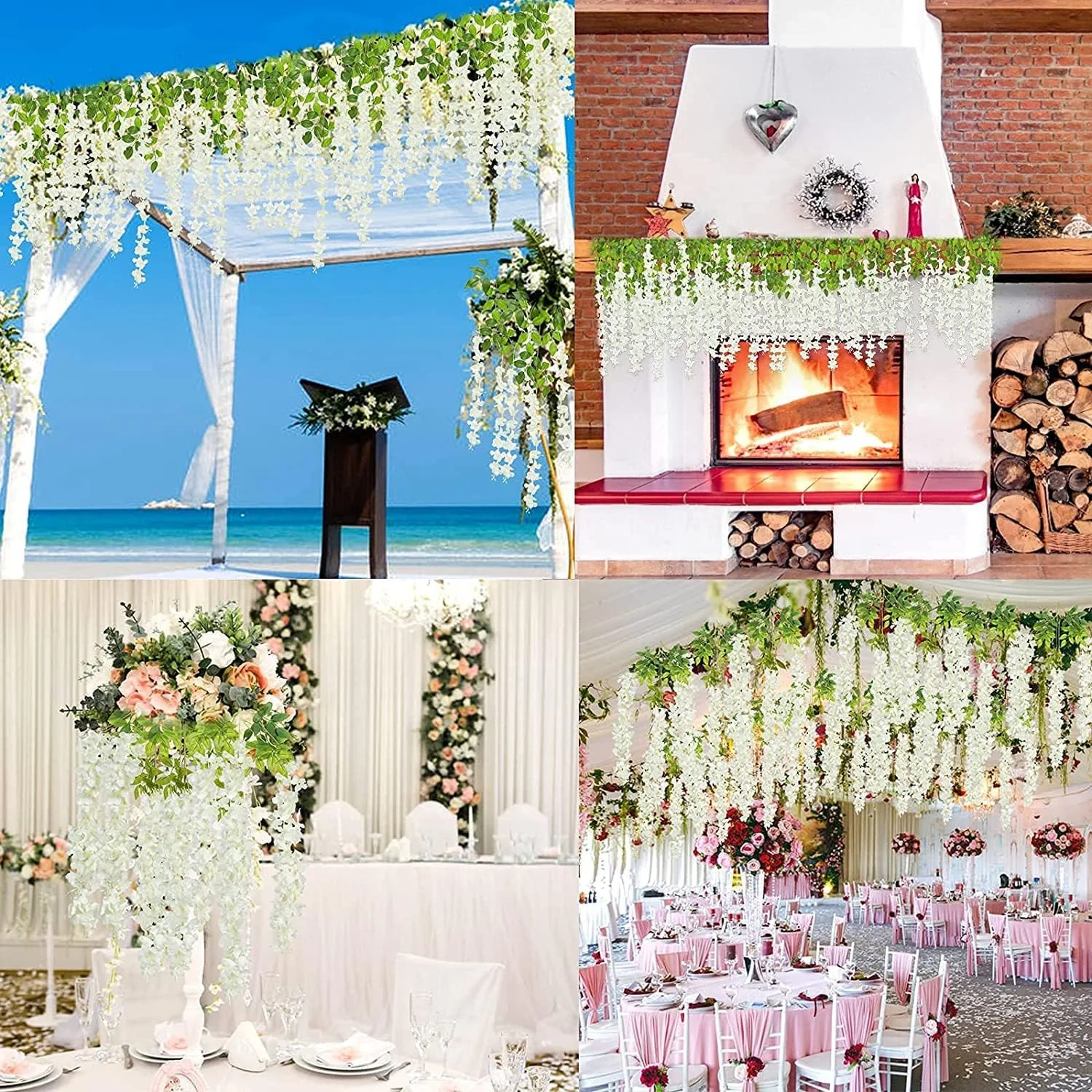 گل مصنوعی، بسته 12 عددی ویستریا سفید، بوته گل ابریشمی مصنوعی 44 اینچی، ریسه آویز برای مهمانی عروسی، باغ، فضای باز، دکور دیوار خانه، دکوراسیون جشن عروسی (سفید شیری)