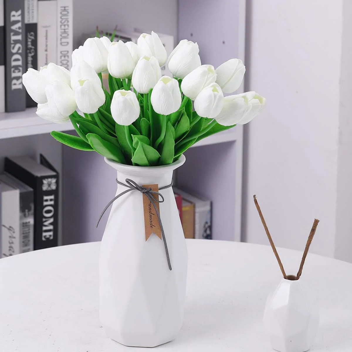 دسته گل لاله مصنوعی مناسب عروسی، جشنواره، دکور، لمس واقعی PU، بسته 20 عددی (سفید)