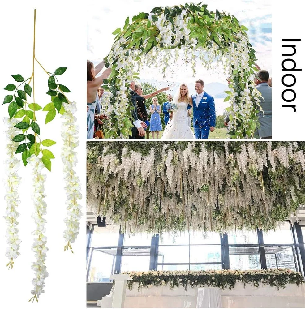 12 شاخه گل ویستریا مصنوعی، 1.1 متر/شاخه، سفید متراکم، تاک ویستریا مصنوعی، حلقه آویز، گل های ابریشمی، تزیینات آویز گل، دکوراسیون منزل، مهمانی، عروسی (سفید متراکم)