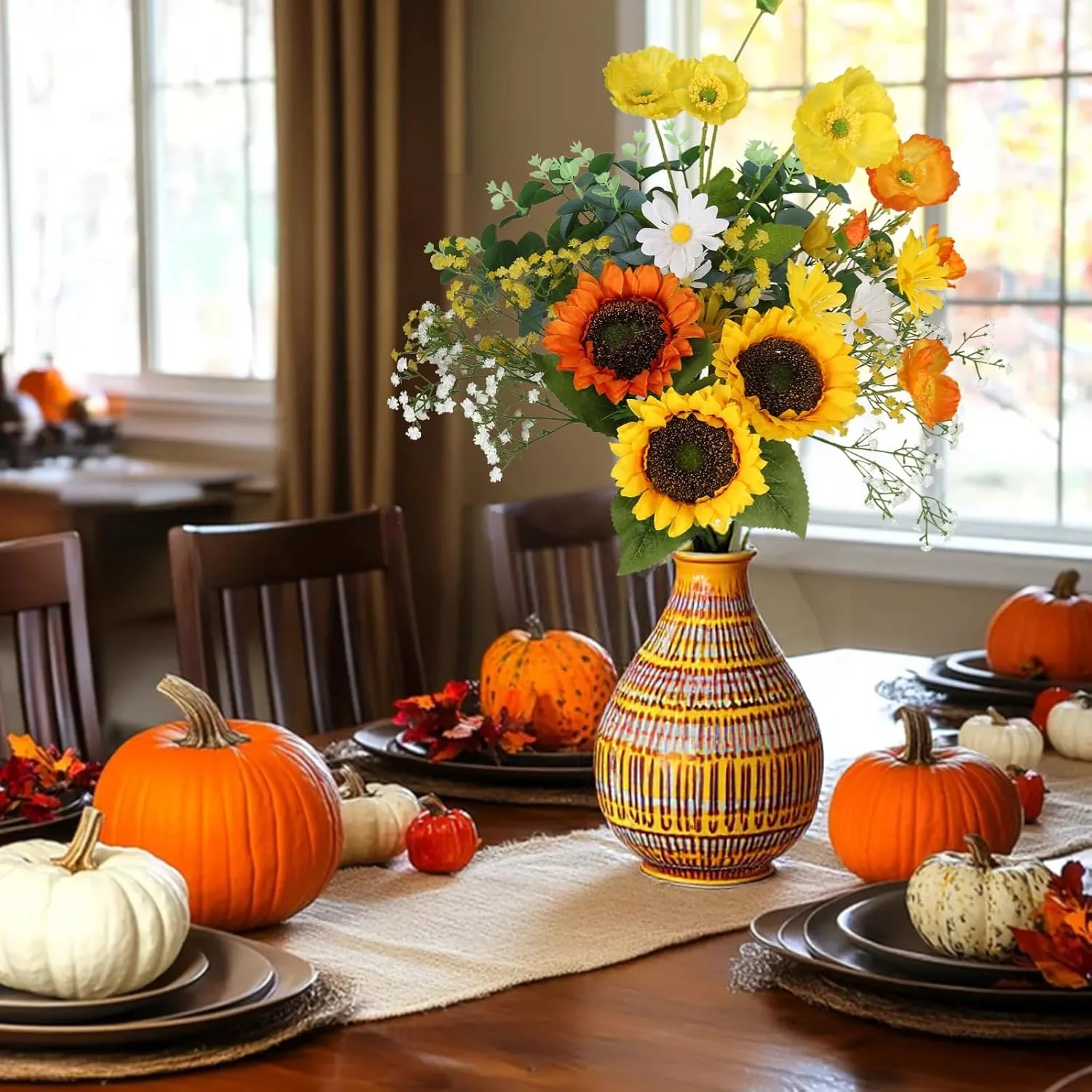 دسته گل آفتابگردان مصنوعی 50 سانتی متری، گل مصنوعی با گل نفس کودک مصنوعی، اکالیپتوس، گل ابریشمی برای تزئینات میز عروسی بهاری و تابستانی، دکوراسیون منزل، چیدمان گل میز مهمانی، تزئینات قبرستان