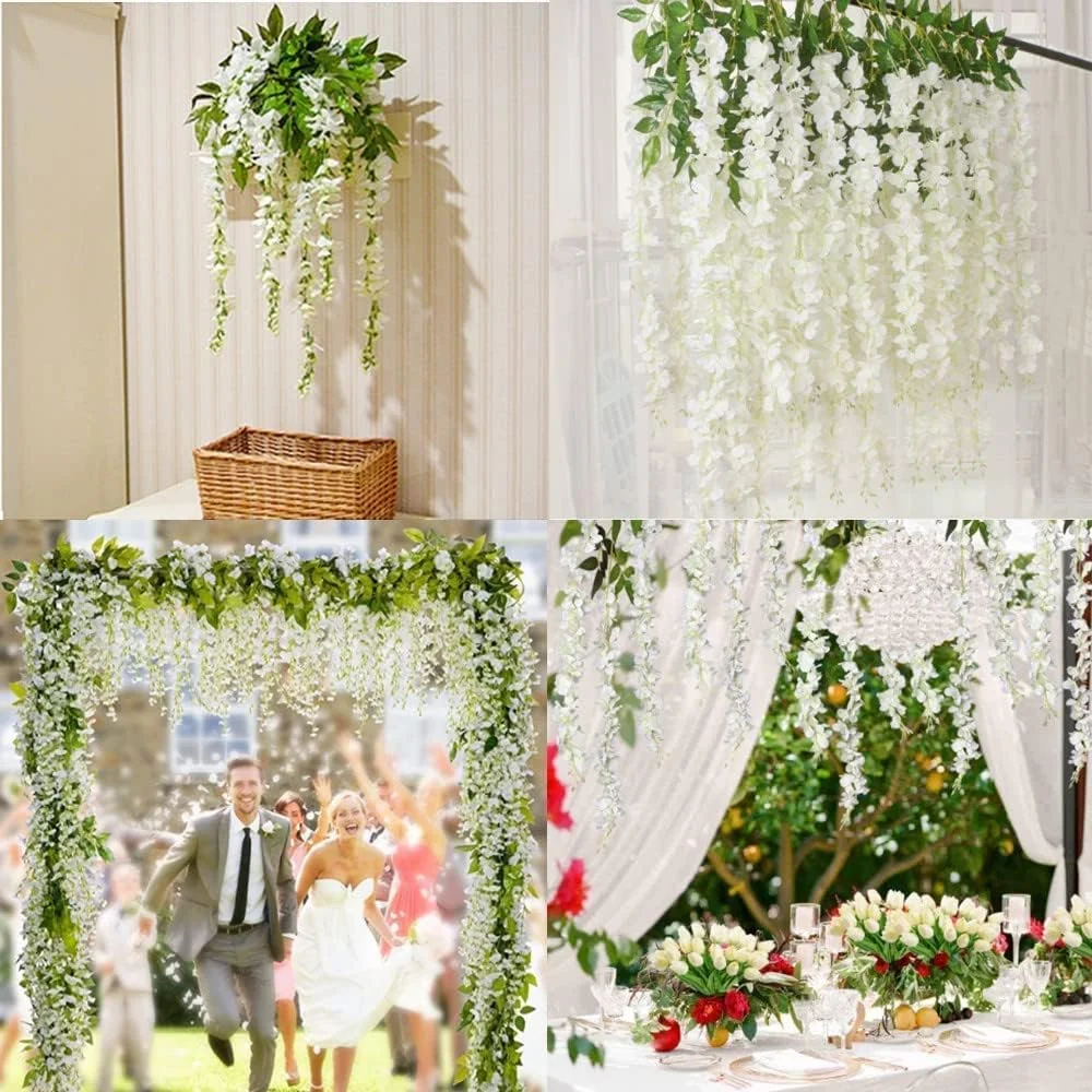 گل مصنوعی، بسته 12 عددی ویستریا سفید، بوته گل ابریشمی مصنوعی 44 اینچی، ریسه آویز برای مهمانی عروسی، باغ، فضای باز، دکور دیوار خانه، دکوراسیون جشن عروسی (سفید شیری)