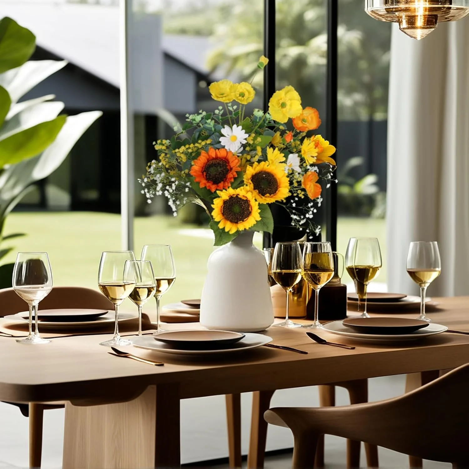 دسته گل آفتابگردان مصنوعی 50 سانتی متری، گل مصنوعی با گل نفس کودک مصنوعی، اکالیپتوس، گل ابریشمی برای تزئینات میز عروسی بهاری و تابستانی، دکوراسیون منزل، چیدمان گل میز مهمانی، تزئینات قبرستان