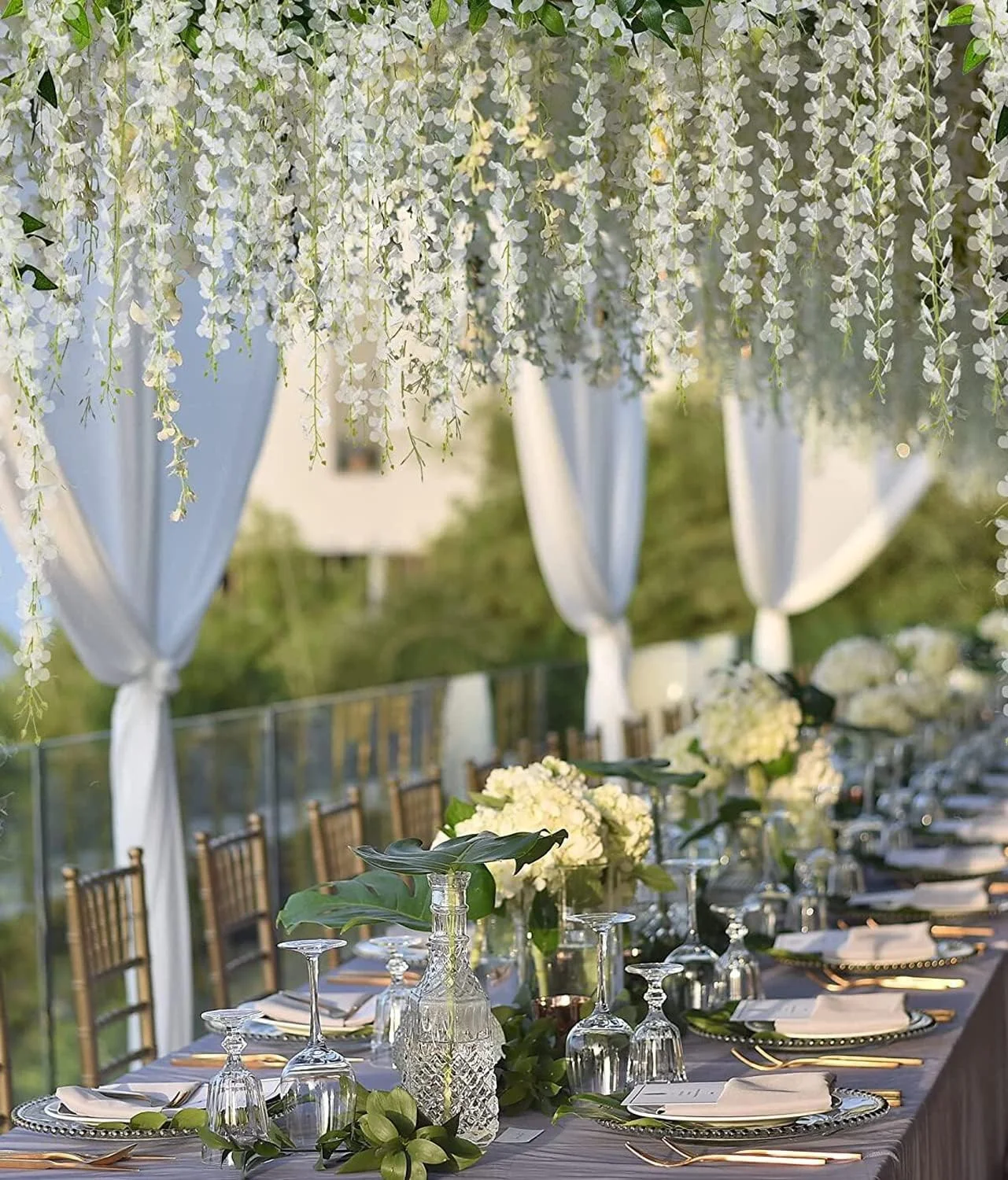 12 شاخه گل ویستریا مصنوعی، 1.1 متر/شاخه، سفید متراکم، تاک ویستریا مصنوعی، حلقه آویز، گل های ابریشمی، تزیینات آویز گل، دکوراسیون منزل، مهمانی، عروسی (سفید متراکم)