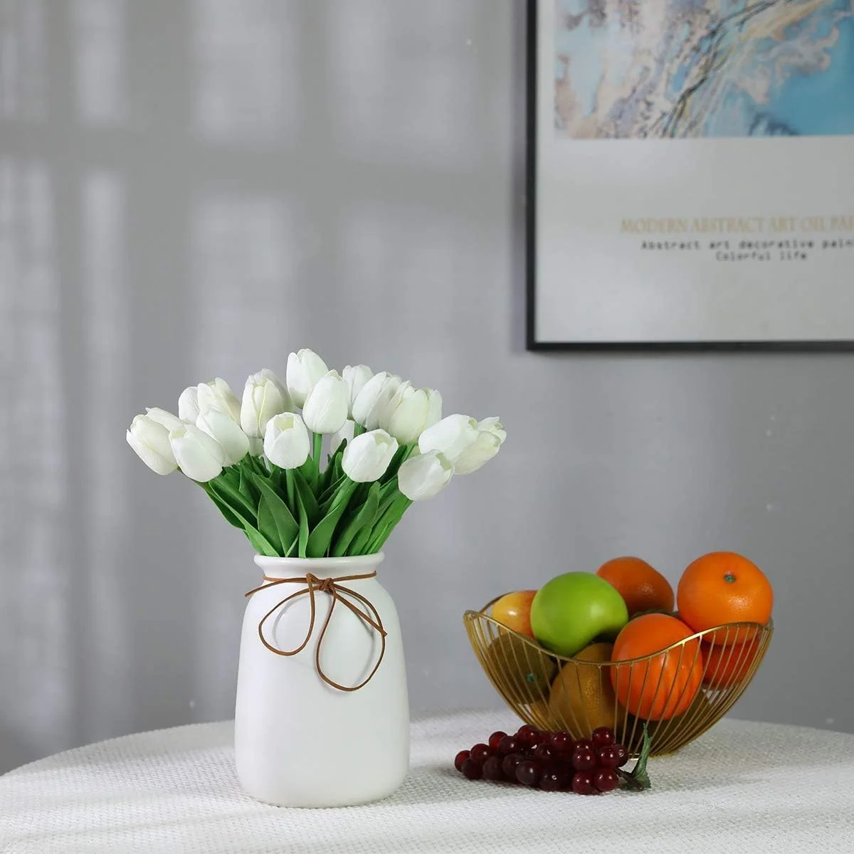 دسته گل لاله مصنوعی مناسب عروسی، جشنواره، دکور، لمس واقعی PU، بسته 20 عددی (سفید)