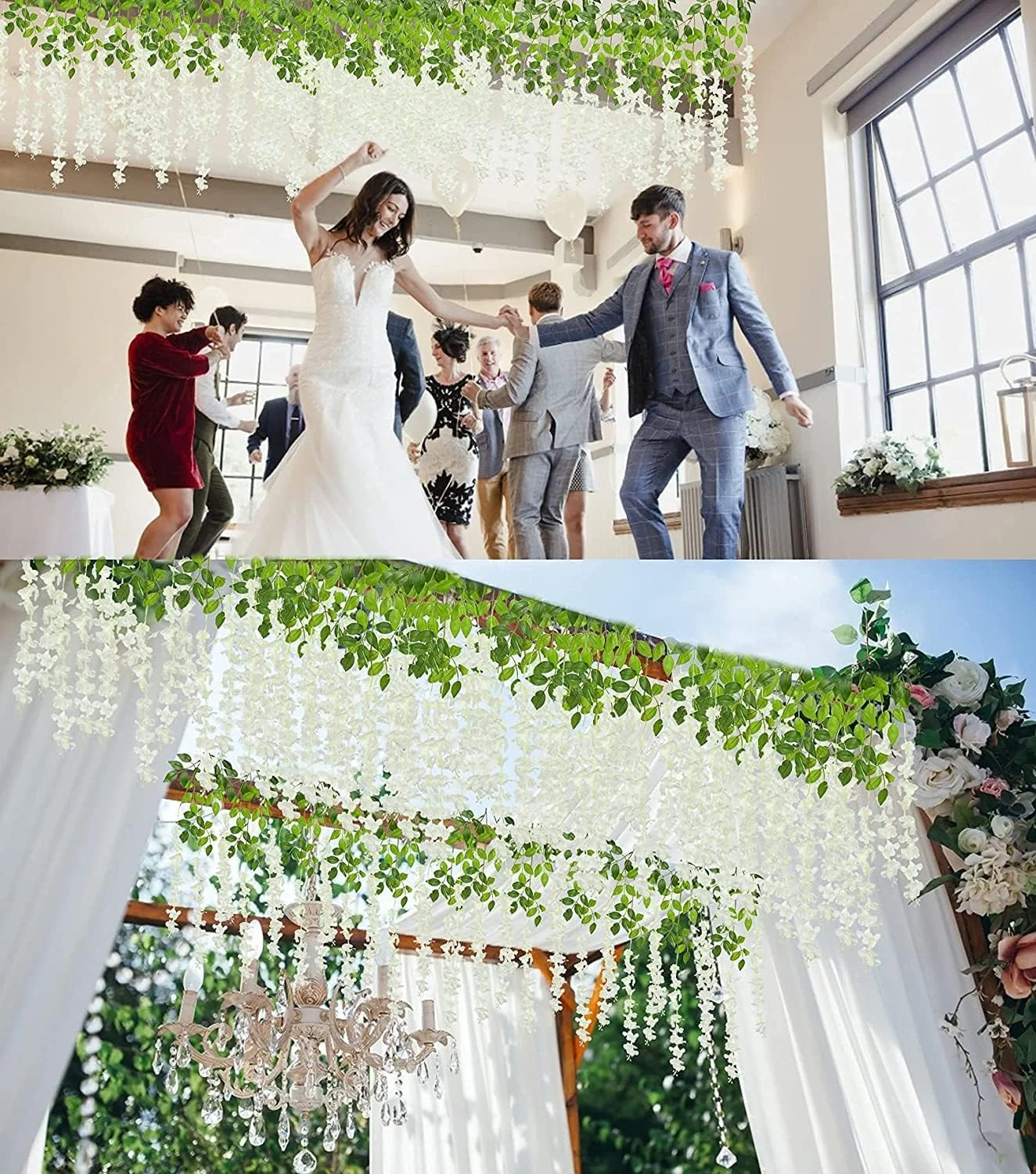 گل مصنوعی، بسته 12 عددی ویستریا سفید، بوته گل ابریشمی مصنوعی 44 اینچی، ریسه آویز برای مهمانی عروسی، باغ، فضای باز، دکور دیوار خانه، دکوراسیون جشن عروسی (سفید شیری)