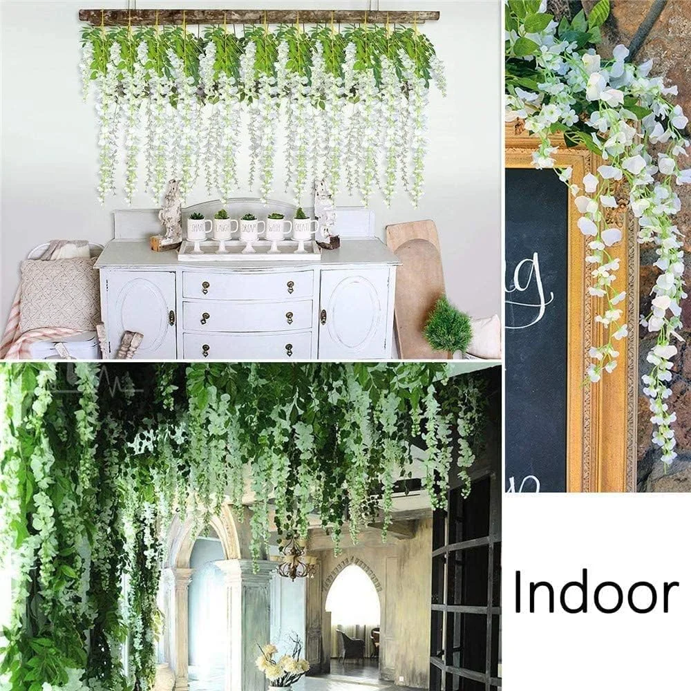 گل مصنوعی، بسته 12 عددی ویستریا سفید، بوته گل ابریشمی مصنوعی 44 اینچی، ریسه آویز برای مهمانی عروسی، باغ، فضای باز، دکور دیوار خانه، دکوراسیون جشن عروسی (سفید شیری)