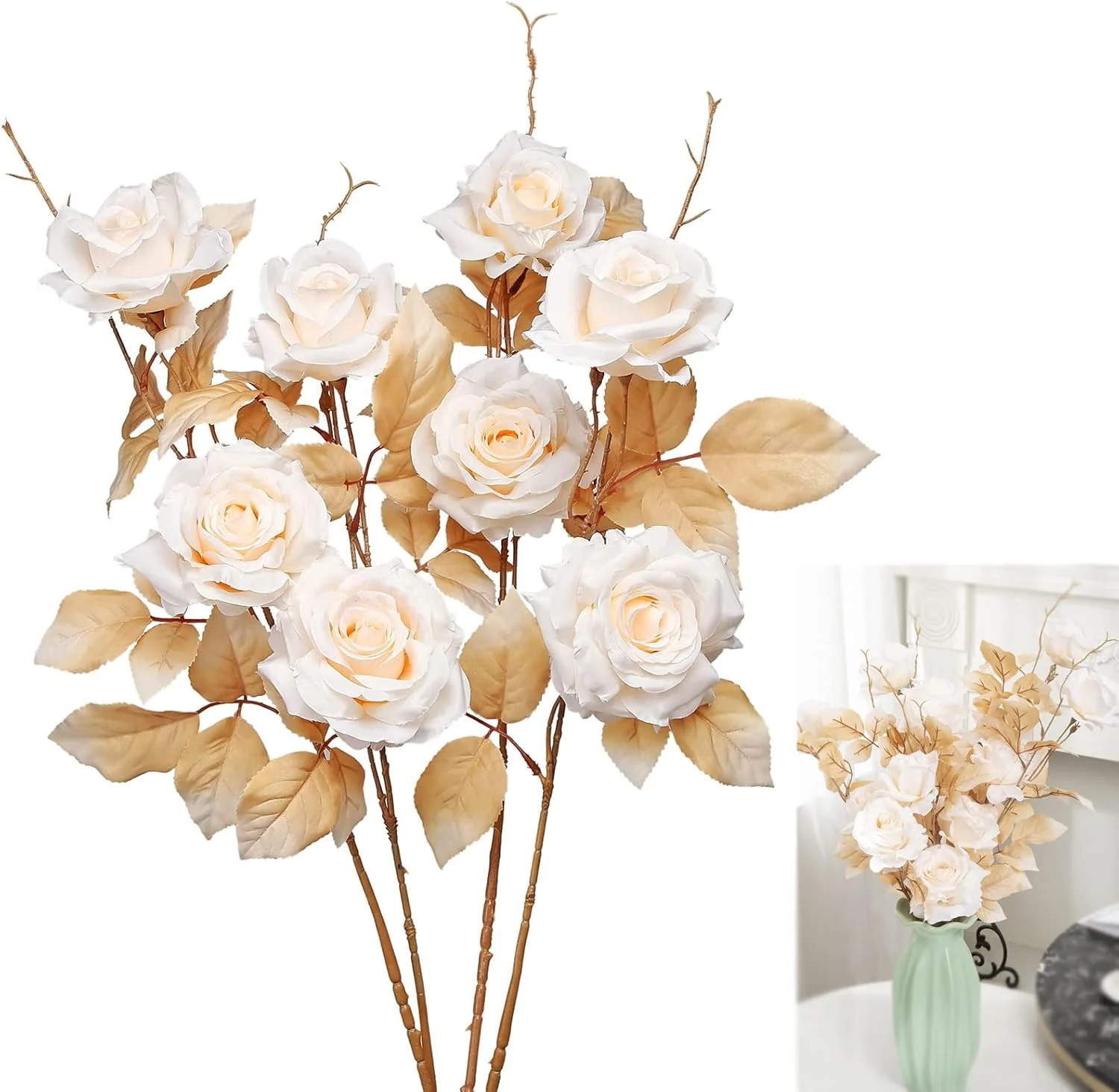گل رز مصنوعی آزونه، گل های ابریشمی مصنوعی با ظاهری واقعی به همراه ساقه برای دسته گل عروسی، تزیینات میز، چیدمان مهمانی، دکوراسیون منزل و فضای باز (4 عدد سفید)