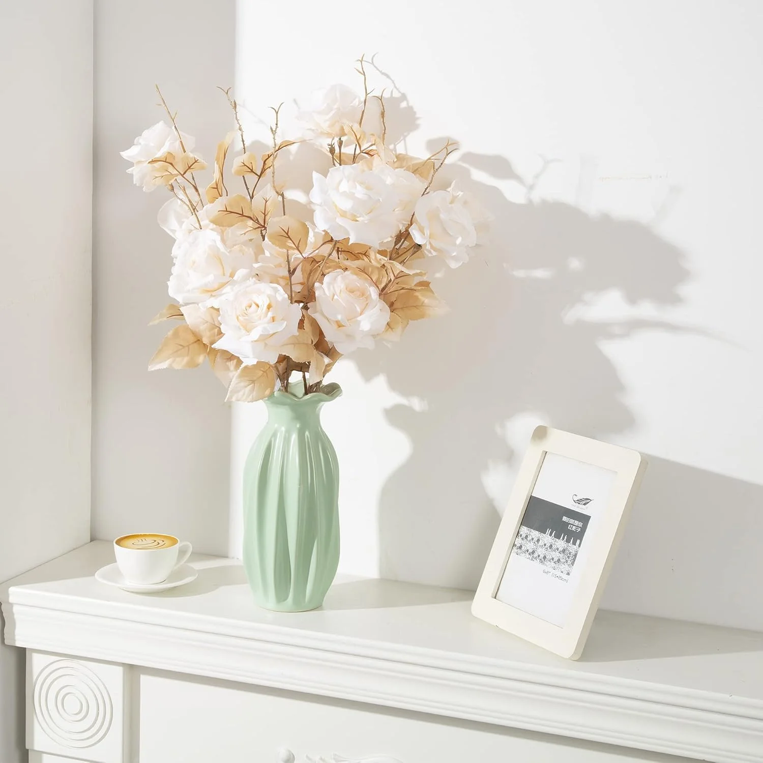 گل رز مصنوعی آزونه، گل های ابریشمی مصنوعی با ظاهری واقعی به همراه ساقه برای دسته گل عروسی، تزیینات میز، چیدمان مهمانی، دکوراسیون منزل و فضای باز (4 عدد سفید)