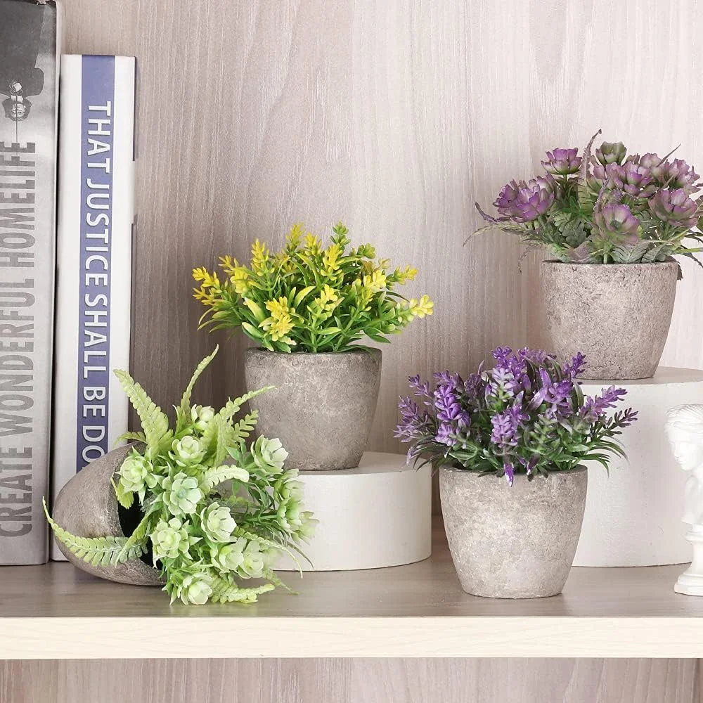 آرتیگرین 6 عدد گیاه گلدانی مصنوعی، گیاهان پلاستیکی کوچک داخلی، بوته های مصنوعی تزئینی، گل های گلدانی مصنوعی برای خانه، دفتر، اتاق، میز، دکوراسیون میز، هدیه نفیس خانه جدید