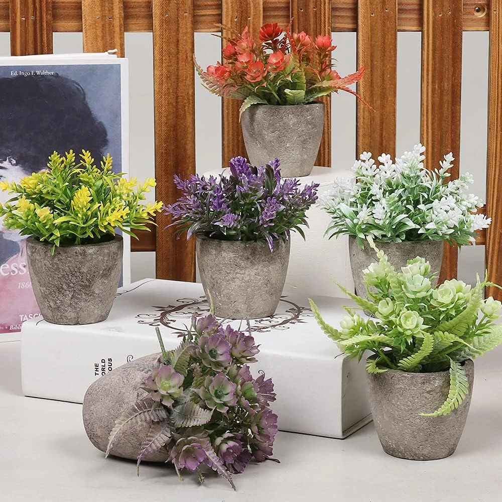 آرتیگرین 6 عدد گیاه گلدانی مصنوعی، گیاهان پلاستیکی کوچک داخلی، بوته های مصنوعی تزئینی، گل های گلدانی مصنوعی برای خانه، دفتر، اتاق، میز، دکوراسیون میز، هدیه نفیس خانه جدید