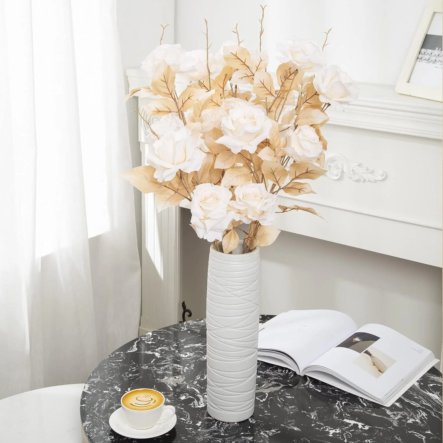 گل رز مصنوعی آزونه، گل های ابریشمی مصنوعی با ظاهری واقعی به همراه ساقه برای دسته گل عروسی، تزیینات میز، چیدمان مهمانی، دکوراسیون منزل و فضای باز (4 عدد سفید)