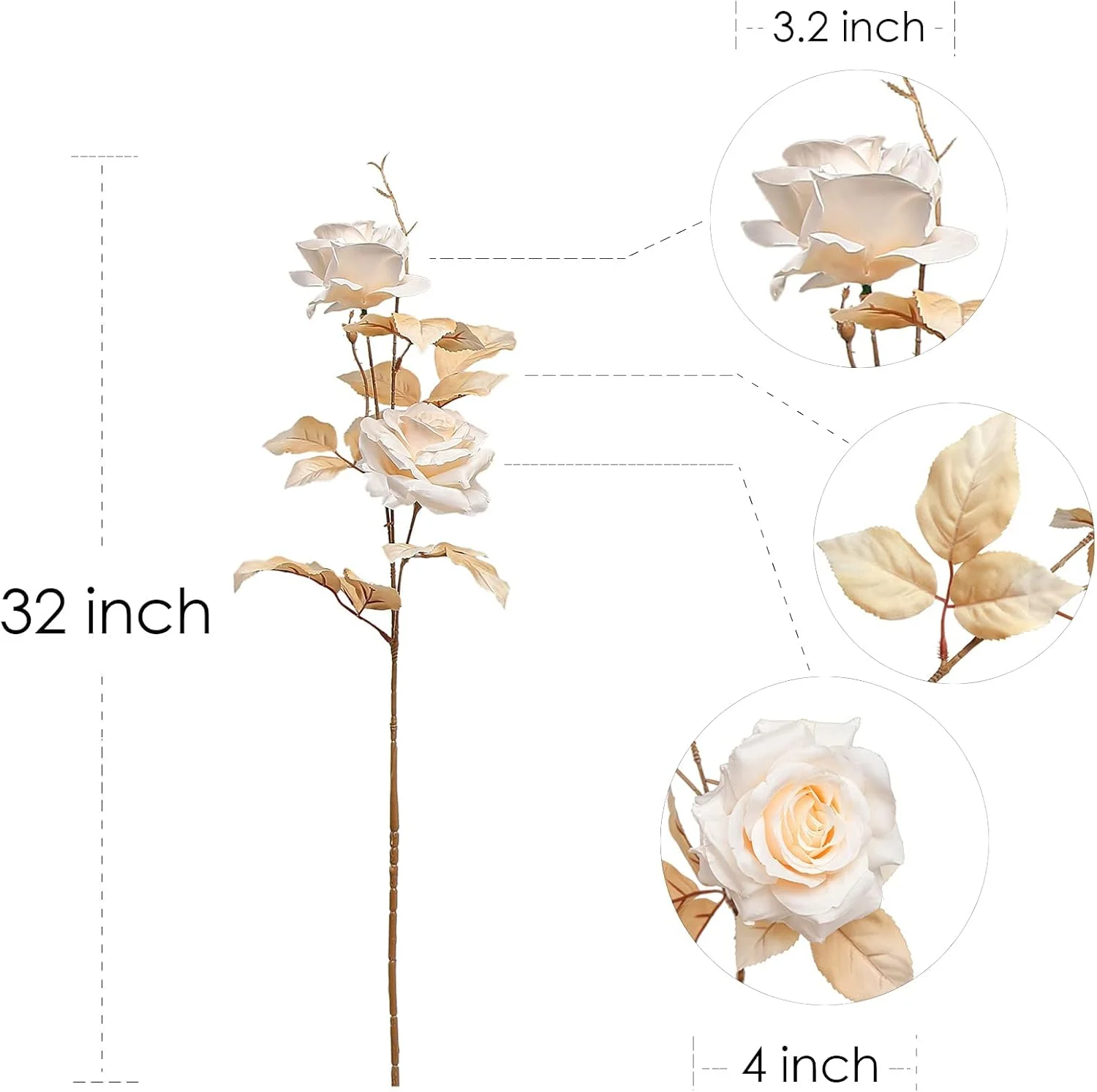 گل رز مصنوعی آزونه، گل های ابریشمی مصنوعی با ظاهری واقعی به همراه ساقه برای دسته گل عروسی، تزیینات میز، چیدمان مهمانی، دکوراسیون منزل و فضای باز (4 عدد سفید)