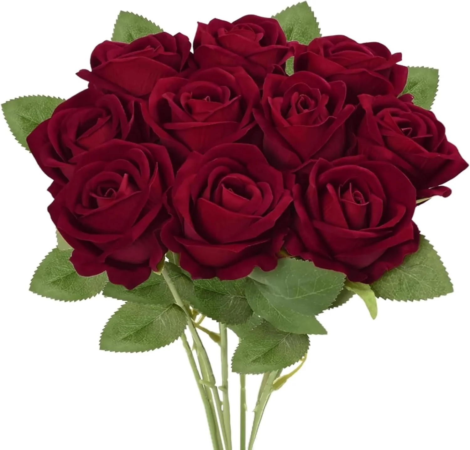 بوئنتی 10 شاخه گل رز مصنوعی قرمز، گل های رز فلانل واقعی با ساقه برای دسته گل عروسی DIY دکوراسیون منزل (10 شاخه گل رز قرمز)