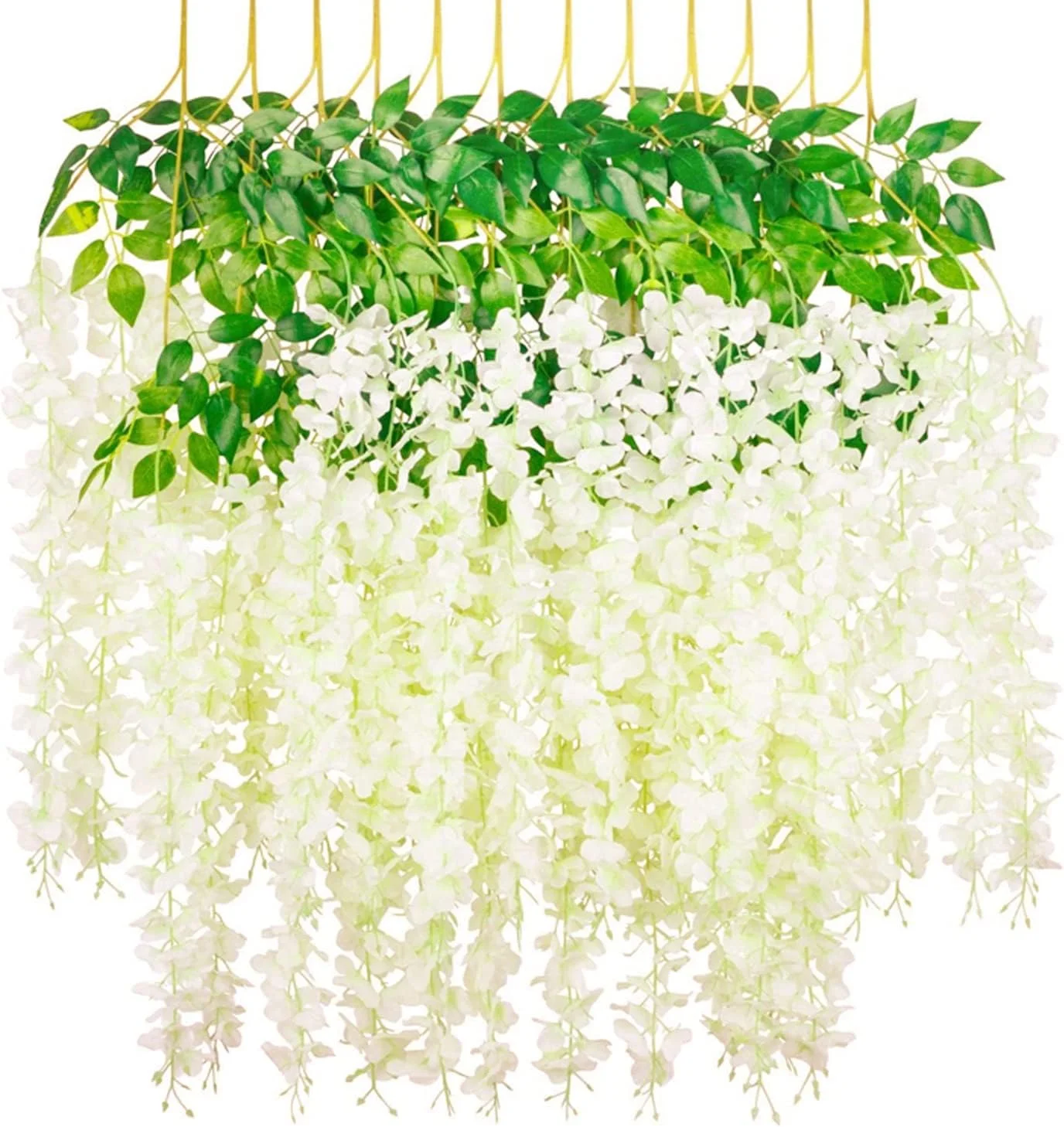 بوئنتی 12 عدد گل ویستریا مصنوعی ابریشمی، تاک راتان ابریشمی آویز، 1.12 متر طول، گل مصنوعی ویستریا برای پس زمینه، برای مهمانی خانگی، باغ، دکوراسیون عروسی (سفید)