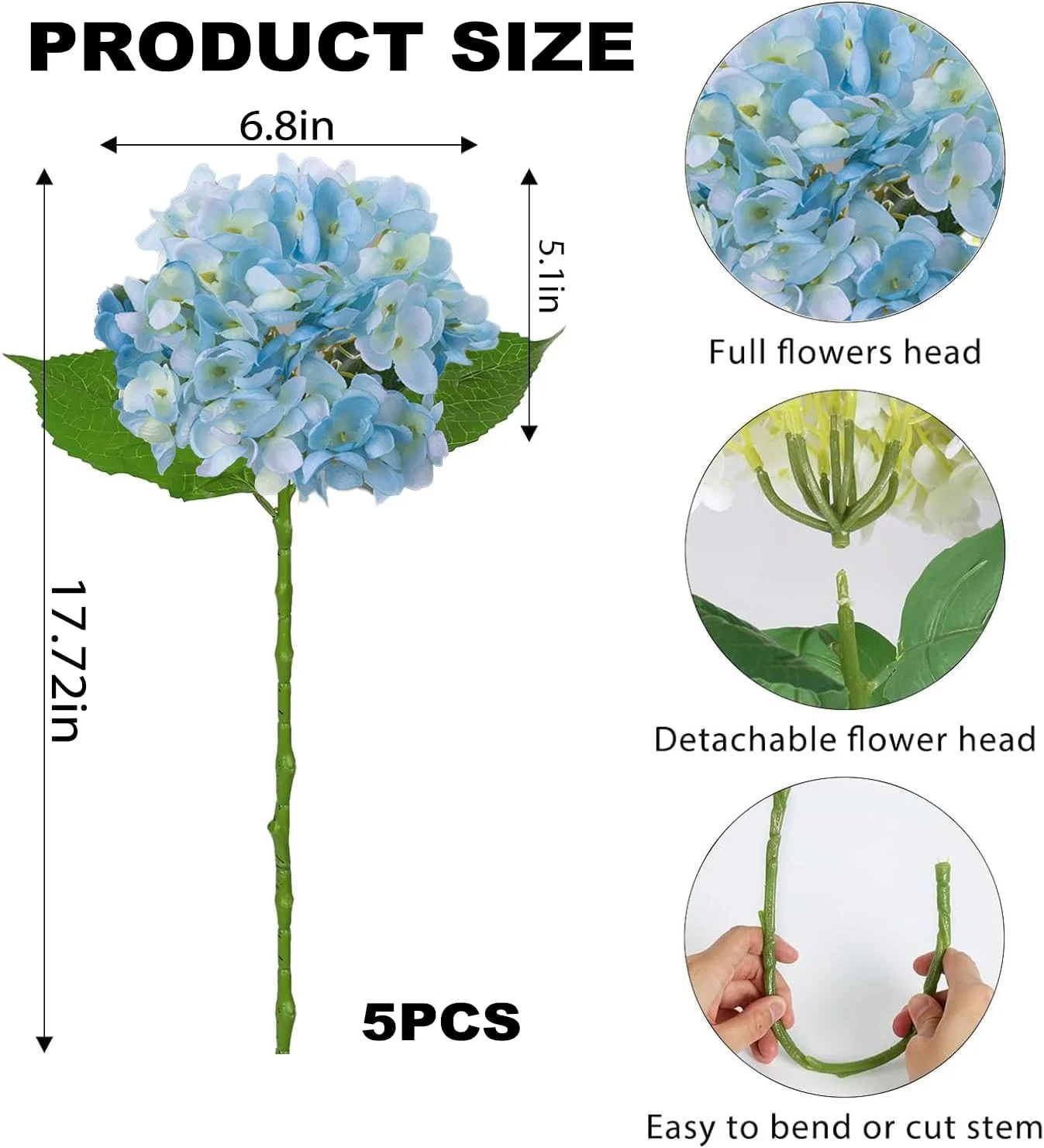BananaHome 5 شاخه گل مصنوعی ابریشمی Hydrangea، گل های مصنوعی واقعی Hydrangea برای تزئین عروسی، مهمانی خانگی، دفتر، دکور اتاق خواب، پروژه DIY (5، آبی)