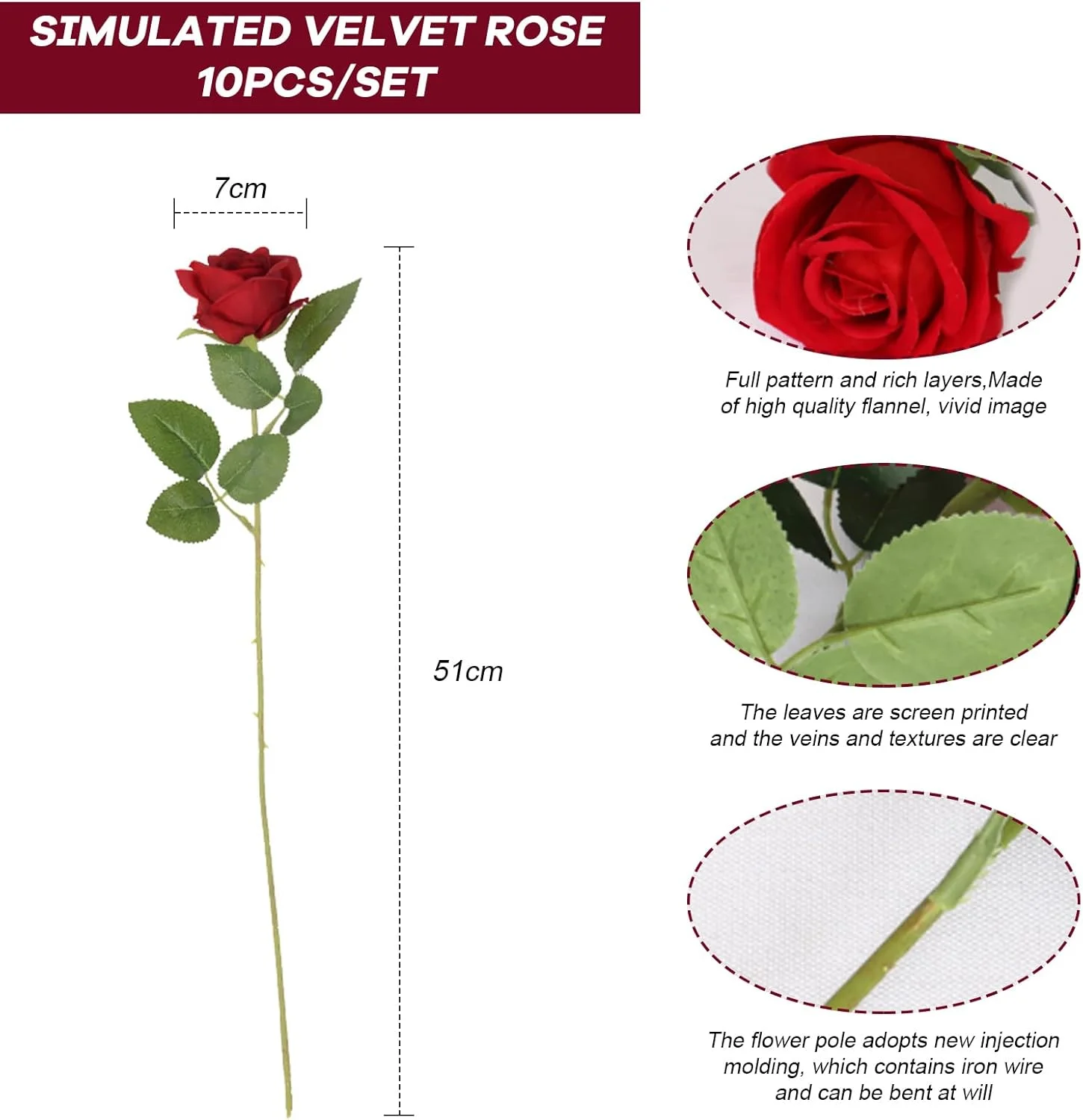 بوئنتی 10 شاخه گل رز مصنوعی قرمز، گل های رز فلانل واقعی با ساقه برای دسته گل عروسی DIY دکوراسیون منزل (10 شاخه گل رز قرمز)