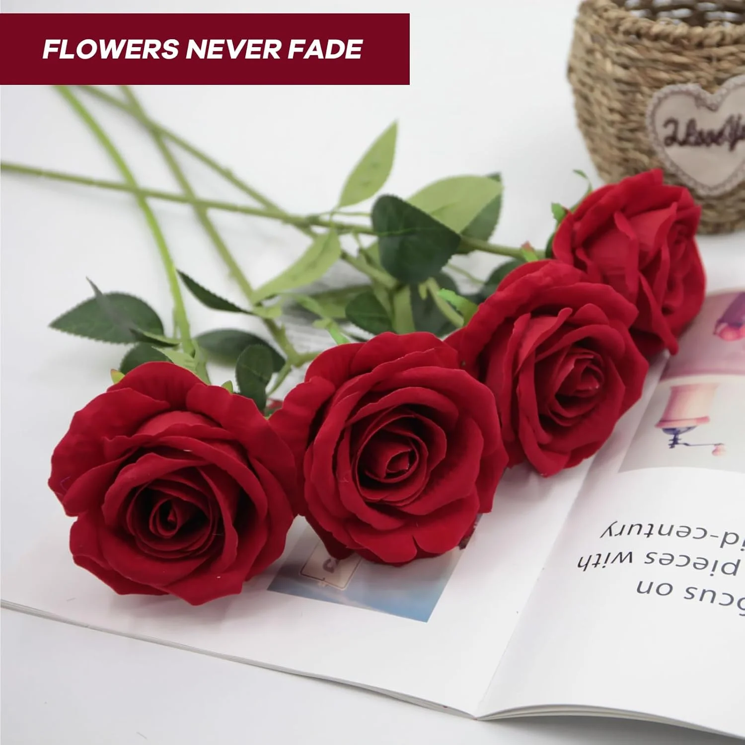 بوئنتی 10 شاخه گل رز مصنوعی قرمز، گل های رز فلانل واقعی با ساقه برای دسته گل عروسی DIY دکوراسیون منزل (10 شاخه گل رز قرمز)