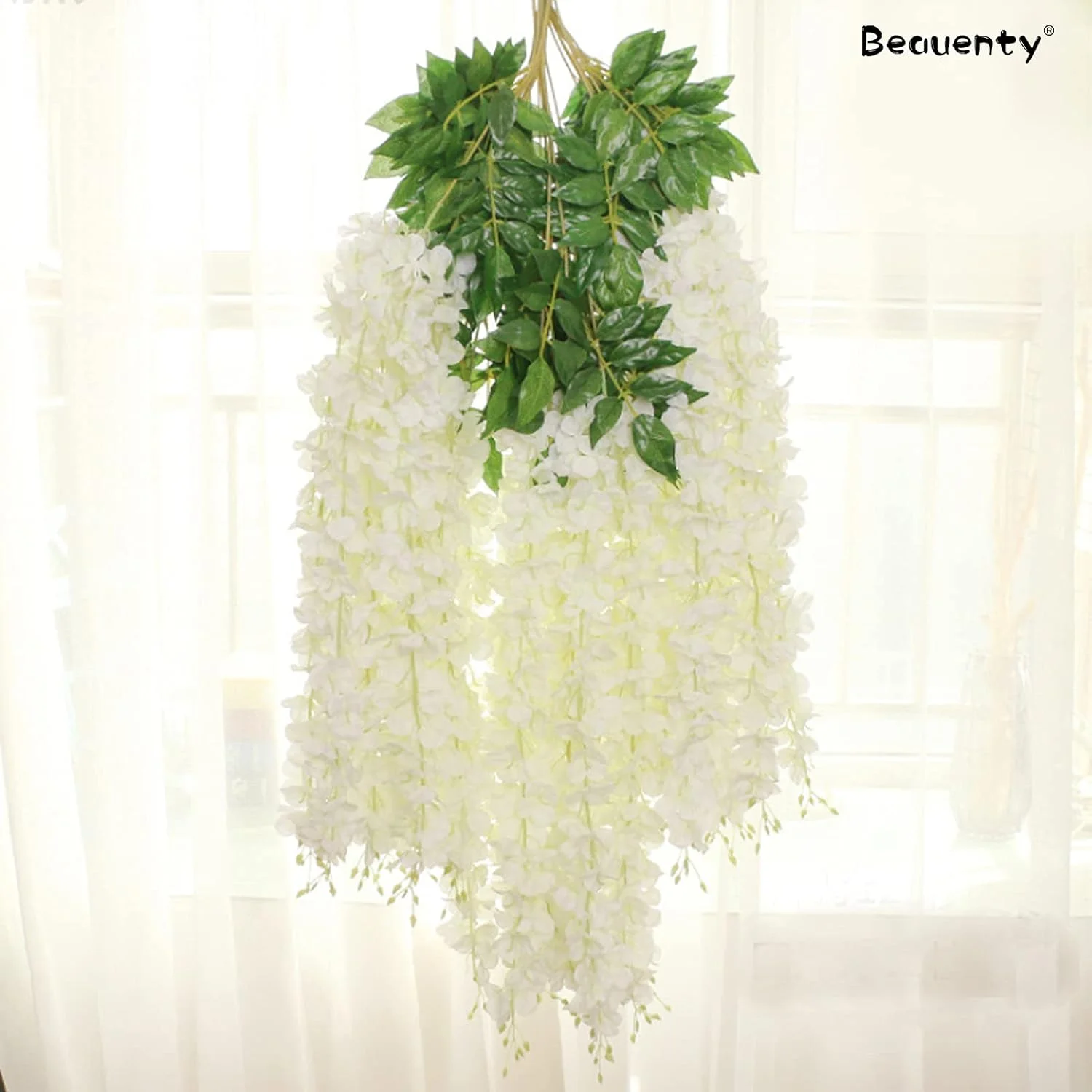 بوئنتی 12 عدد گل ویستریا مصنوعی ابریشمی، تاک راتان ابریشمی آویز، 1.12 متر طول، گل مصنوعی ویستریا برای پس زمینه، برای مهمانی خانگی، باغ، دکوراسیون عروسی (سفید)