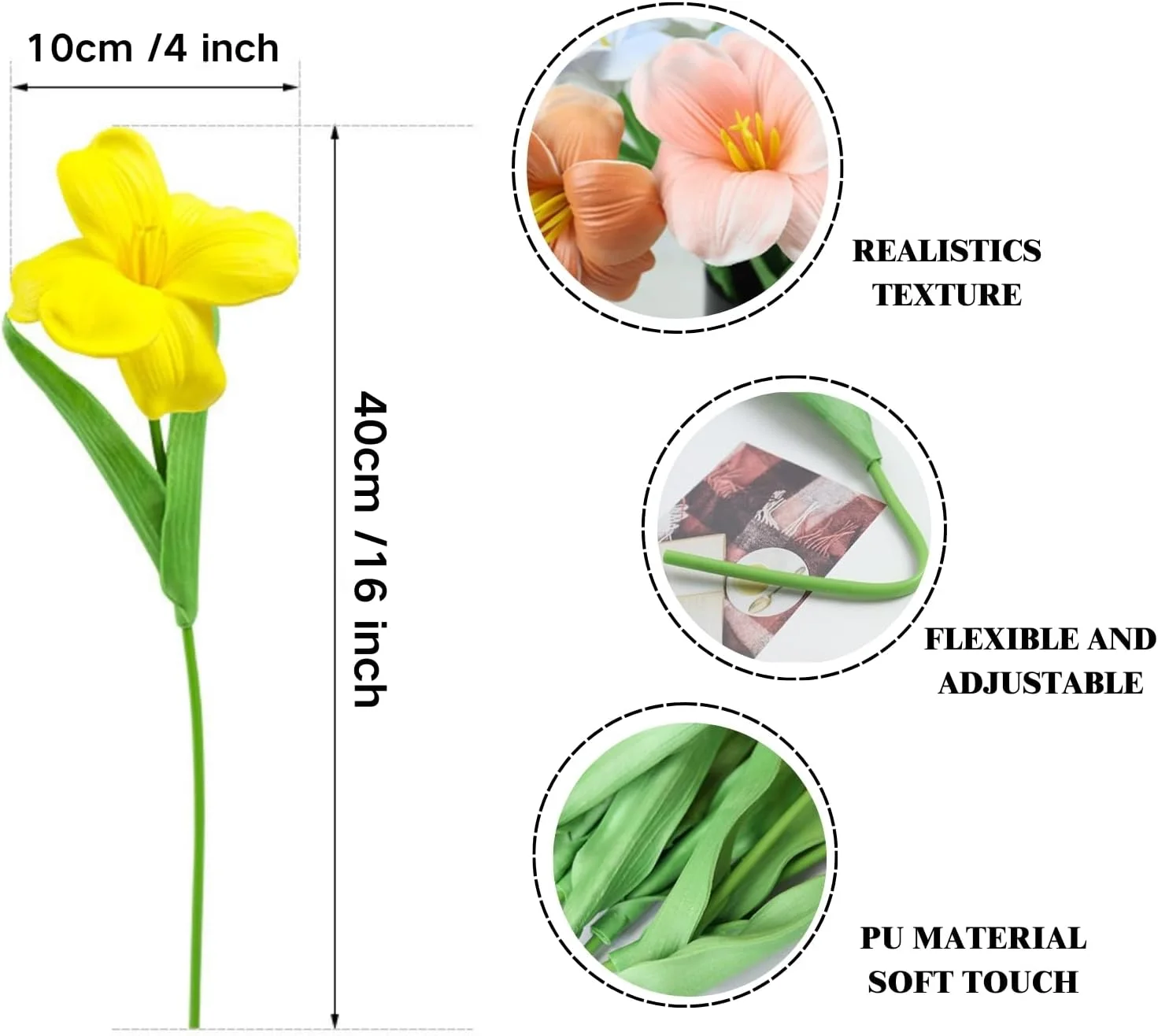 دسته گل گل لاله مصنوعی کاملاً شکوفه 12 عددی 16 اینچی، گل های مصنوعی تقلبی برای دکوراسیون میز، تزیینات مهمانی، عروسی، روز مادر، هدایای عید پاک (سفید)