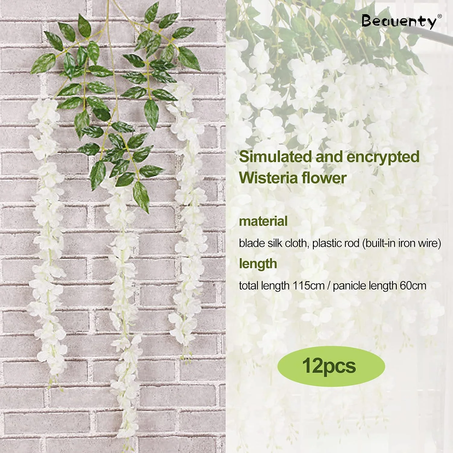 بوئنتی 12 عدد گل ویستریا مصنوعی ابریشمی، تاک راتان ابریشمی آویز، 1.12 متر طول، گل مصنوعی ویستریا برای پس زمینه، برای مهمانی خانگی، باغ، دکوراسیون عروسی (سفید)