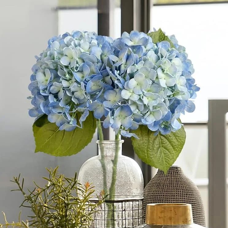 BananaHome 5 شاخه گل مصنوعی ابریشمی Hydrangea، گل های مصنوعی واقعی Hydrangea برای تزئین عروسی، مهمانی خانگی، دفتر، دکور اتاق خواب، پروژه DIY (5، آبی)