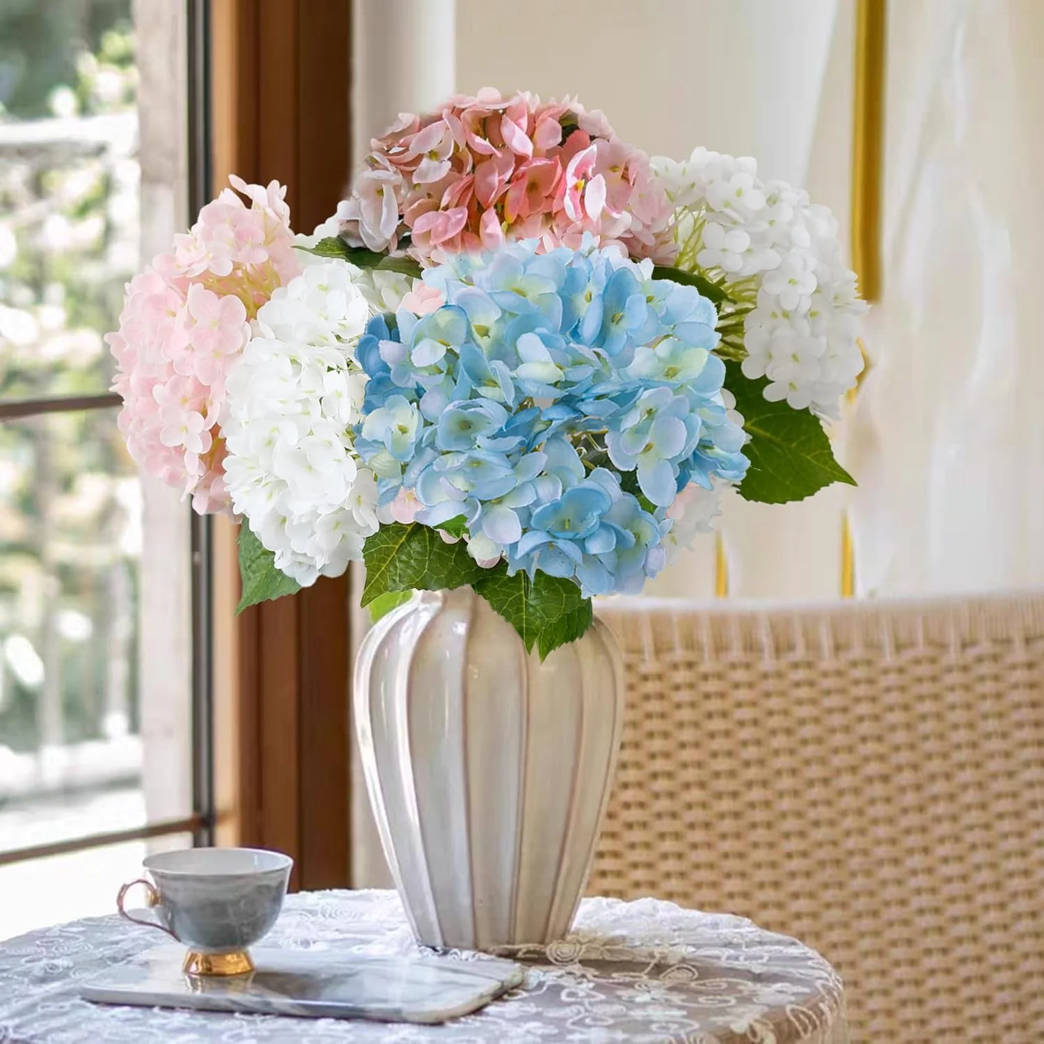 BananaHome 5 شاخه گل مصنوعی ابریشمی Hydrangea، گل های مصنوعی واقعی Hydrangea برای تزئین عروسی، مهمانی خانگی، دفتر، دکور اتاق خواب، پروژه DIY (5، آبی)