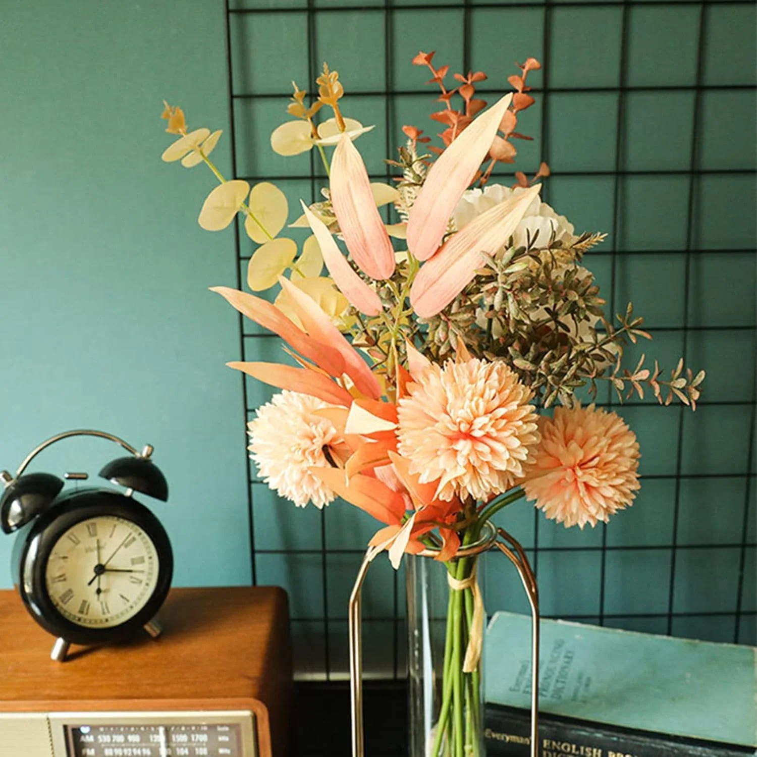 گل های مصنوعی BIGTHREE، گل ابریشمی، چیدمان گل پاییزی 45 سانتی متری به سبک بوهو، برای دکوراسیون منزل و عروسی، برای دکوراسیون مهمانی باغ آشپزخانه (رنگ مرجانی صورتی خنثی رمانتیک و ظریف)