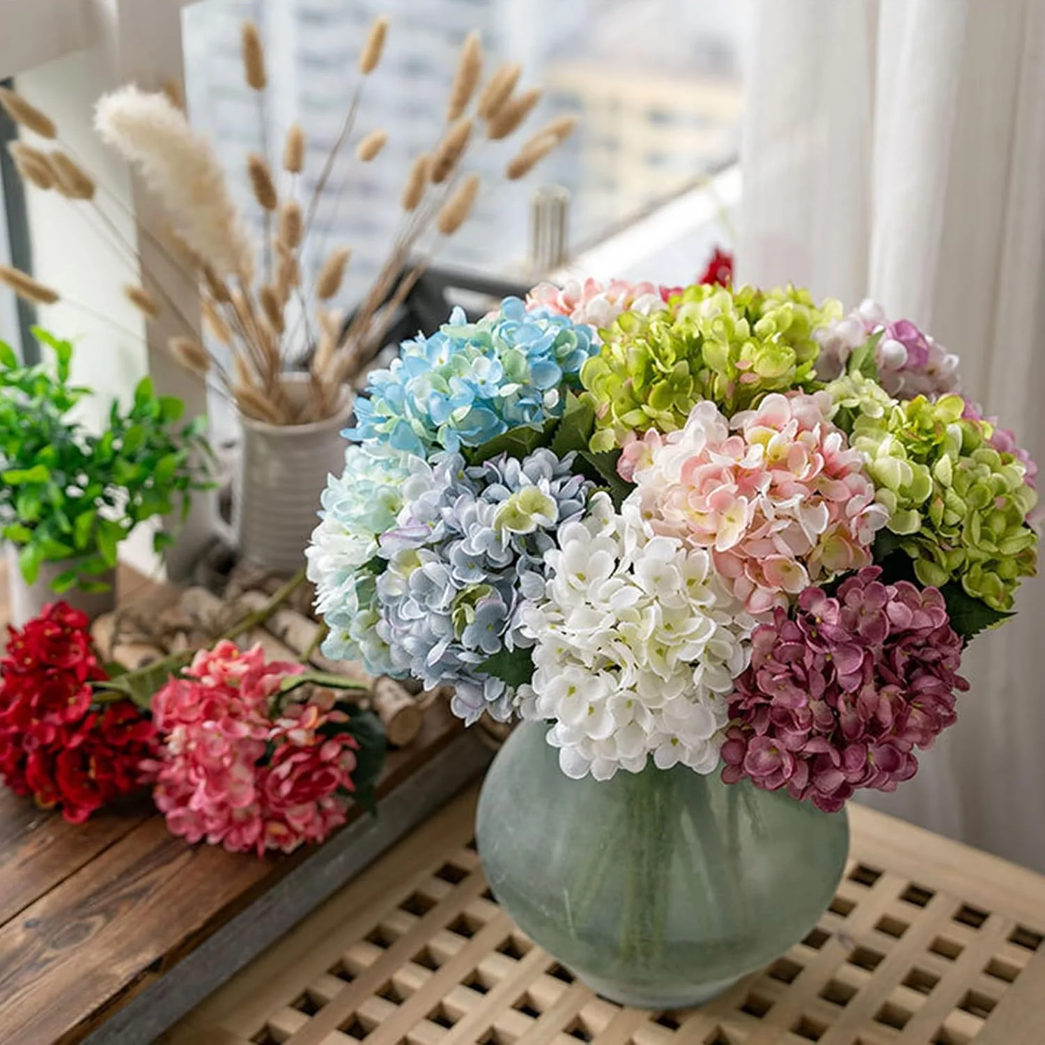 BananaHome 5 شاخه گل مصنوعی ابریشمی Hydrangea، گل های مصنوعی واقعی Hydrangea برای تزئین عروسی، مهمانی خانگی، دفتر، دکور اتاق خواب، پروژه DIY (5، آبی)