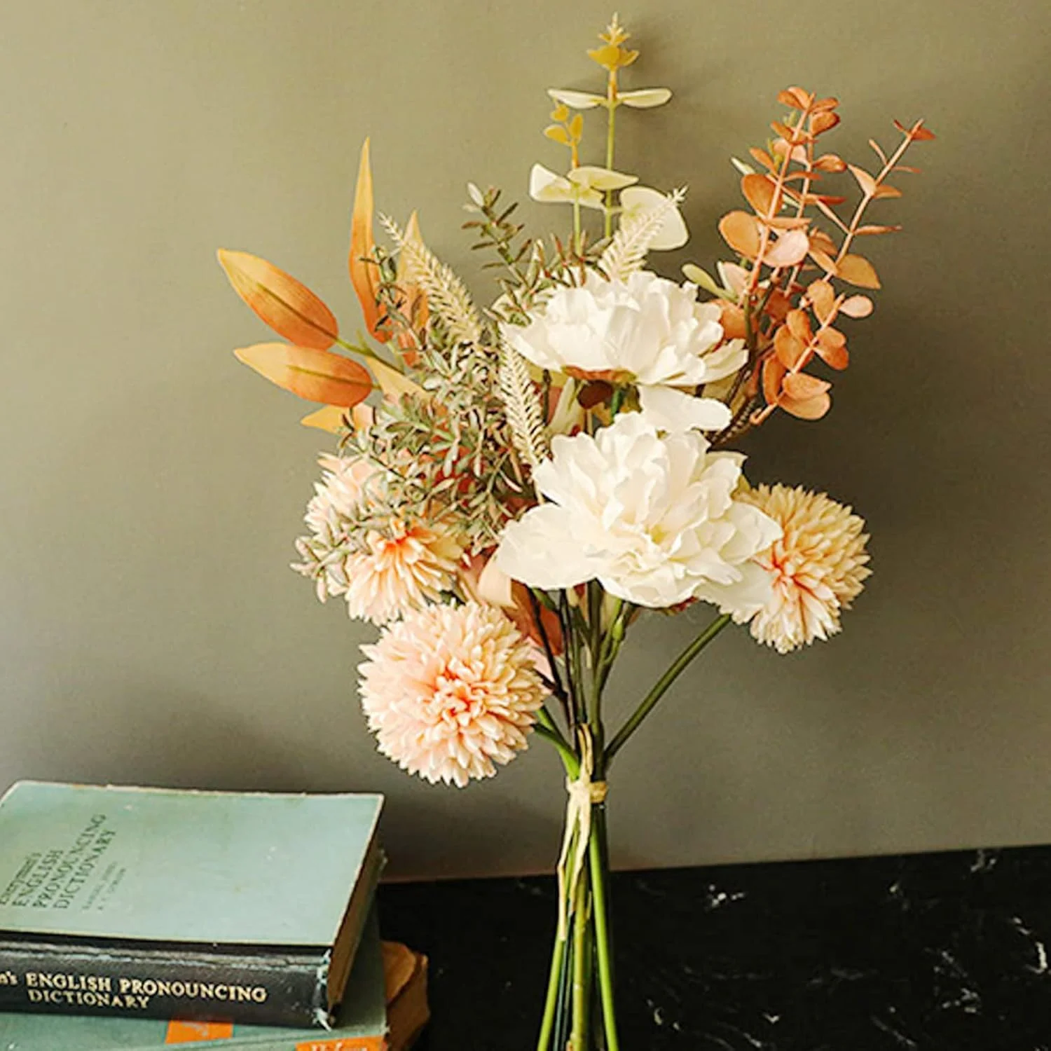 گل های مصنوعی BIGTHREE، گل ابریشمی، چیدمان گل پاییزی 45 سانتی متری به سبک بوهو، برای دکوراسیون منزل و عروسی، برای دکوراسیون مهمانی باغ آشپزخانه (رنگ مرجانی صورتی خنثی رمانتیک و ظریف)