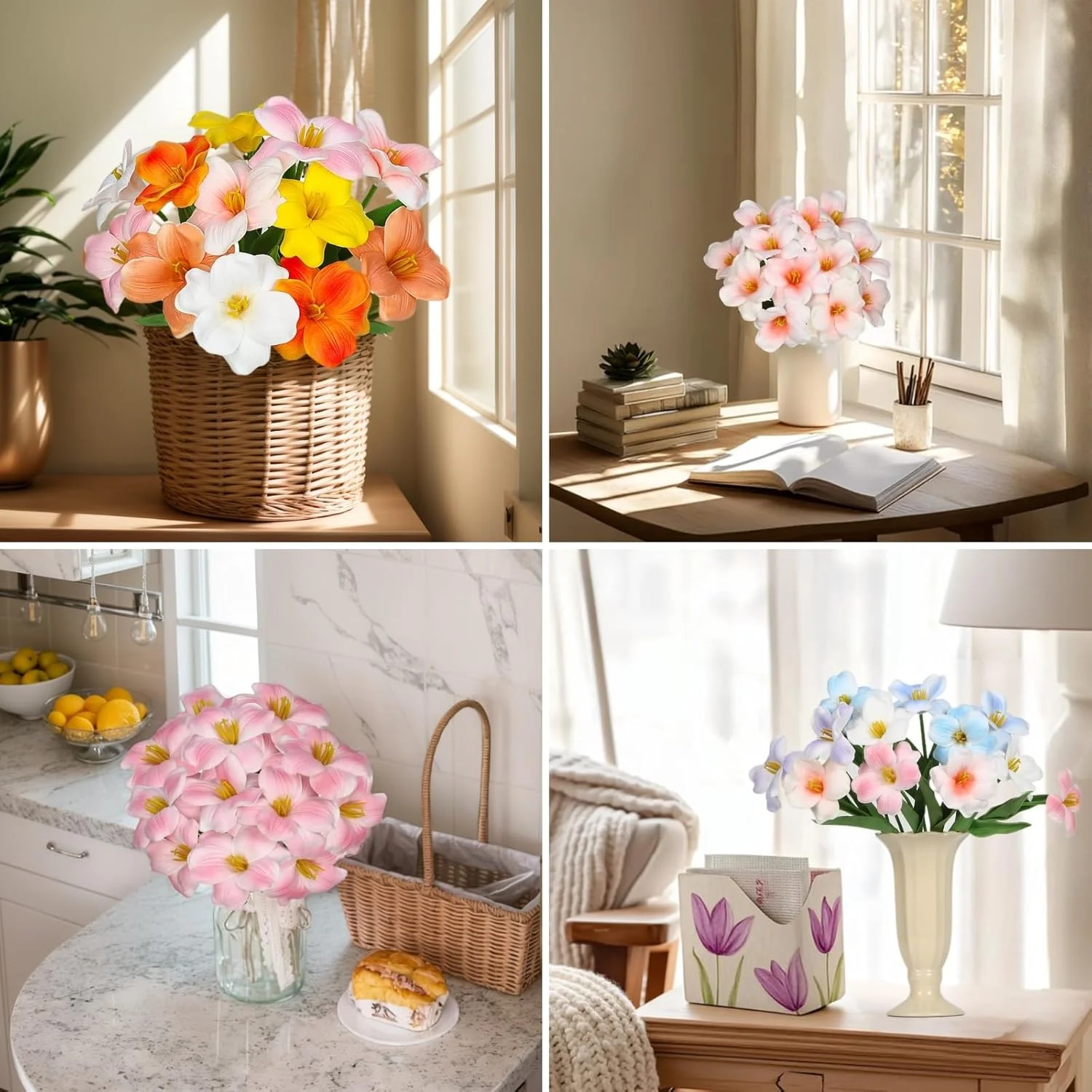 دسته گل گل لاله مصنوعی کاملاً شکوفه 12 عددی 16 اینچی، گل های مصنوعی تقلبی برای دکوراسیون میز، تزیینات مهمانی، عروسی، روز مادر، هدایای عید پاک (سفید)