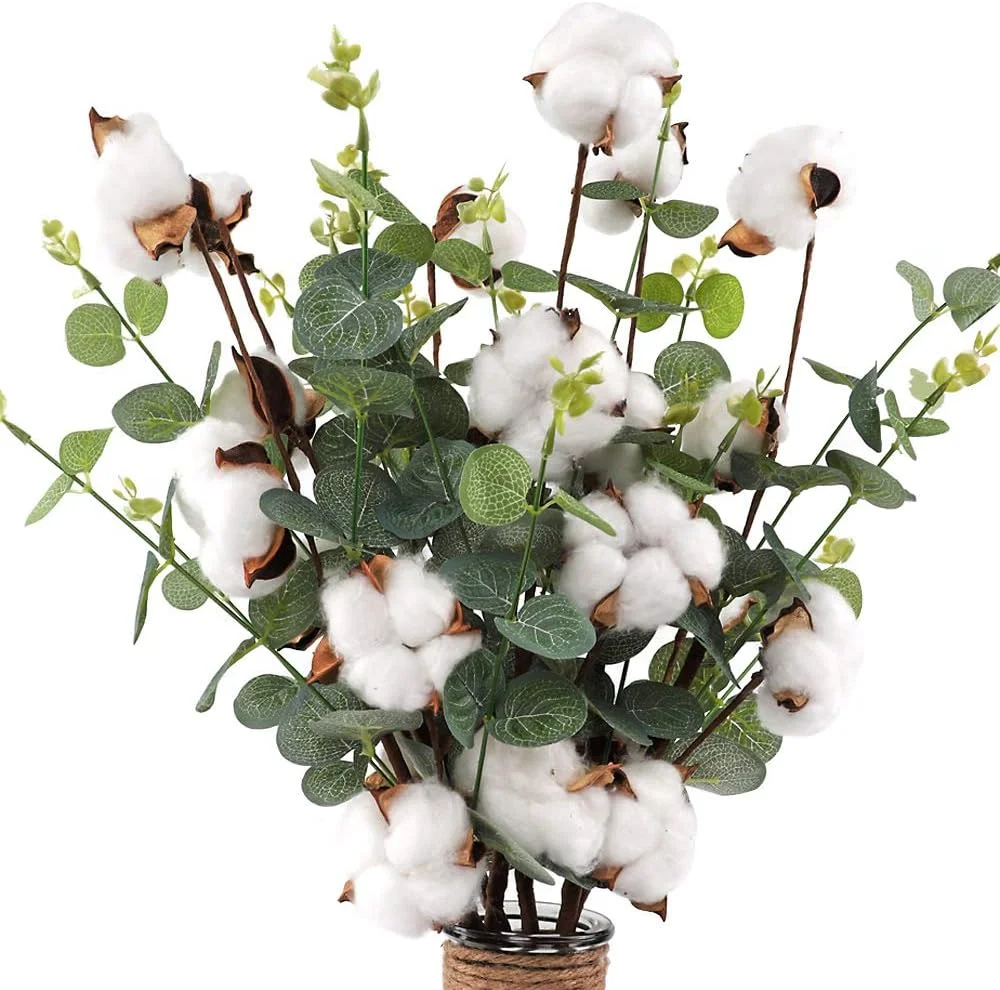 سیور 6 شاخه پنبه ای 60 سانتی متری، گل پنبه 4 سر پنبه ای با برگ های اکالیپتوس در هر شاخه، شاخه گل پنبه ای برای دکوراسیون گل مزرعه خانگی