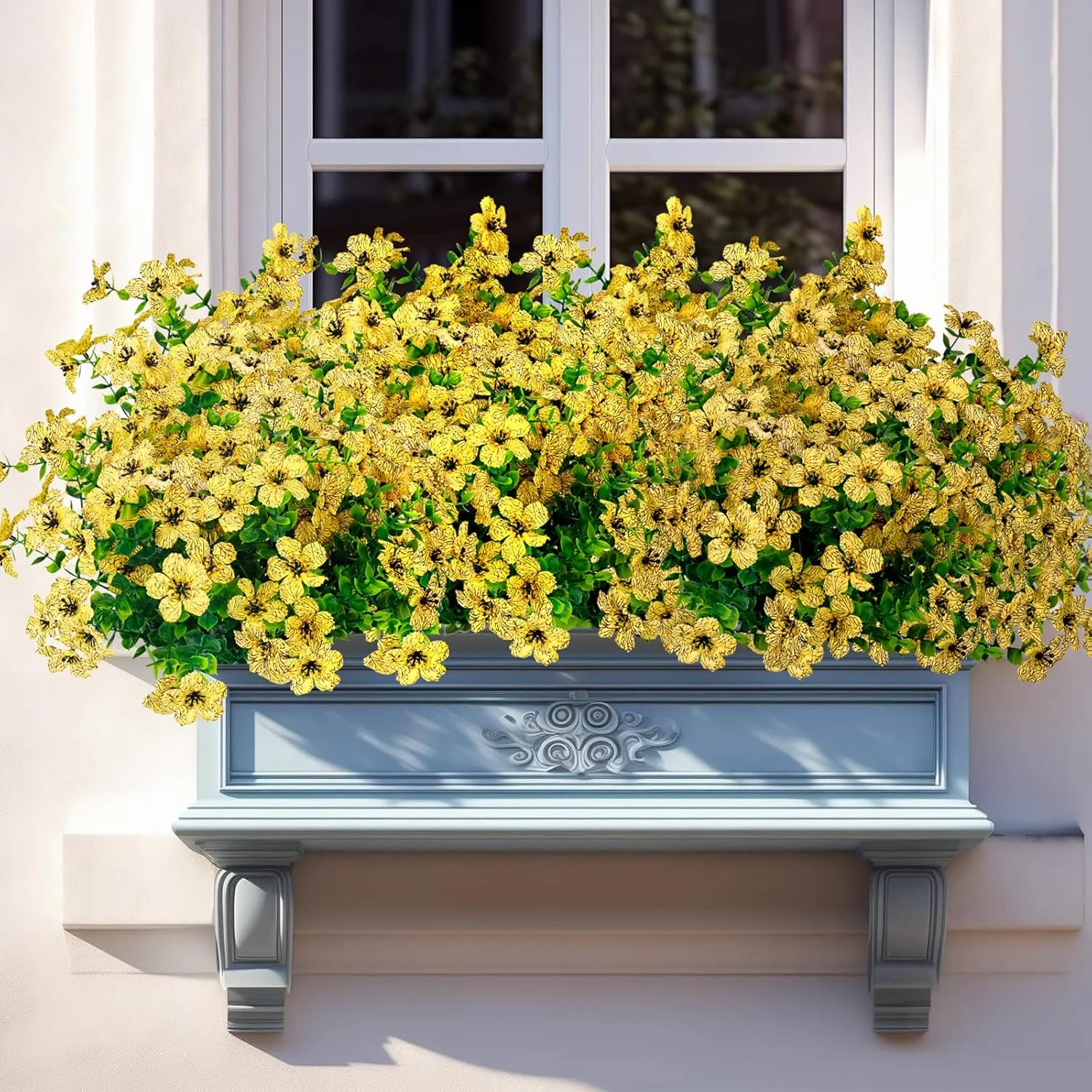 12 دسته گل مصنوعی مقاوم در برابر اشعه ماوراء بنفش برای فضای باز و داخلی - گل های بابونه مصنوعی واقعی و گیاهان سبز اکالیپتوس - گیاهان مقاوم در برابر محو شدن در تمام طول سال برای عروسی، خانه روستایی، باغ و پاسیو (زرد)