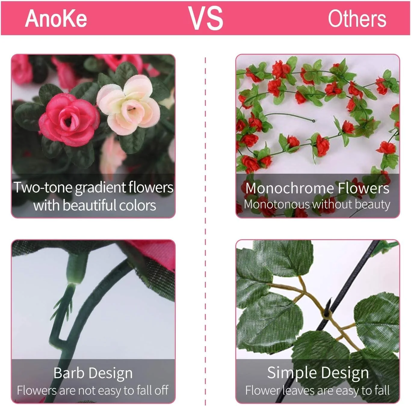 اکسفور ریسه گل رز مصنوعی 15 متری - 6 عدد گیاه پیچک مصنوعی برای عروسی، مهمانی، تزئین دیوار باغ - گل های ابریشمی آویزان، صورتی