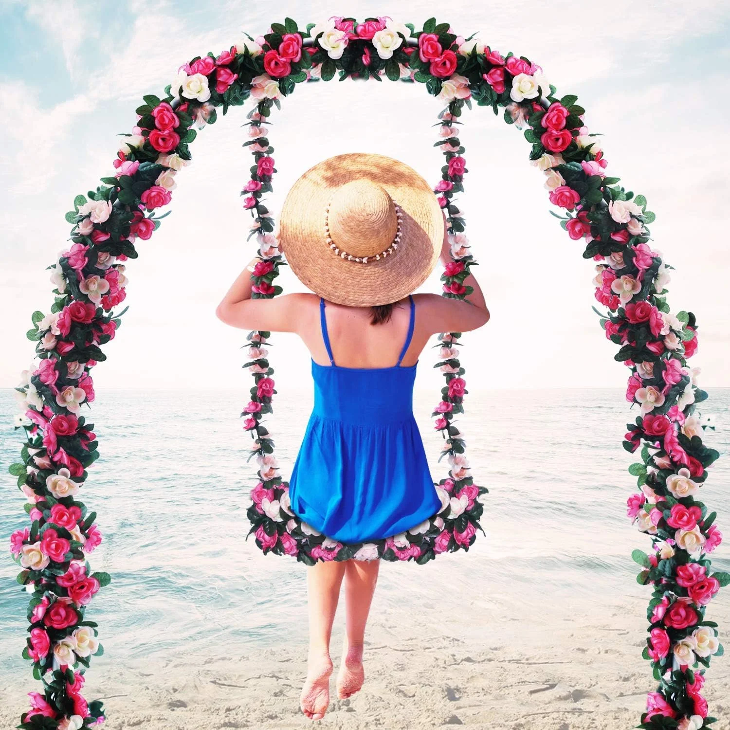 اکسفور ریسه گل رز مصنوعی 15 متری - 6 عدد گیاه پیچک مصنوعی برای عروسی، مهمانی، تزئین دیوار باغ - گل های ابریشمی آویزان، صورتی