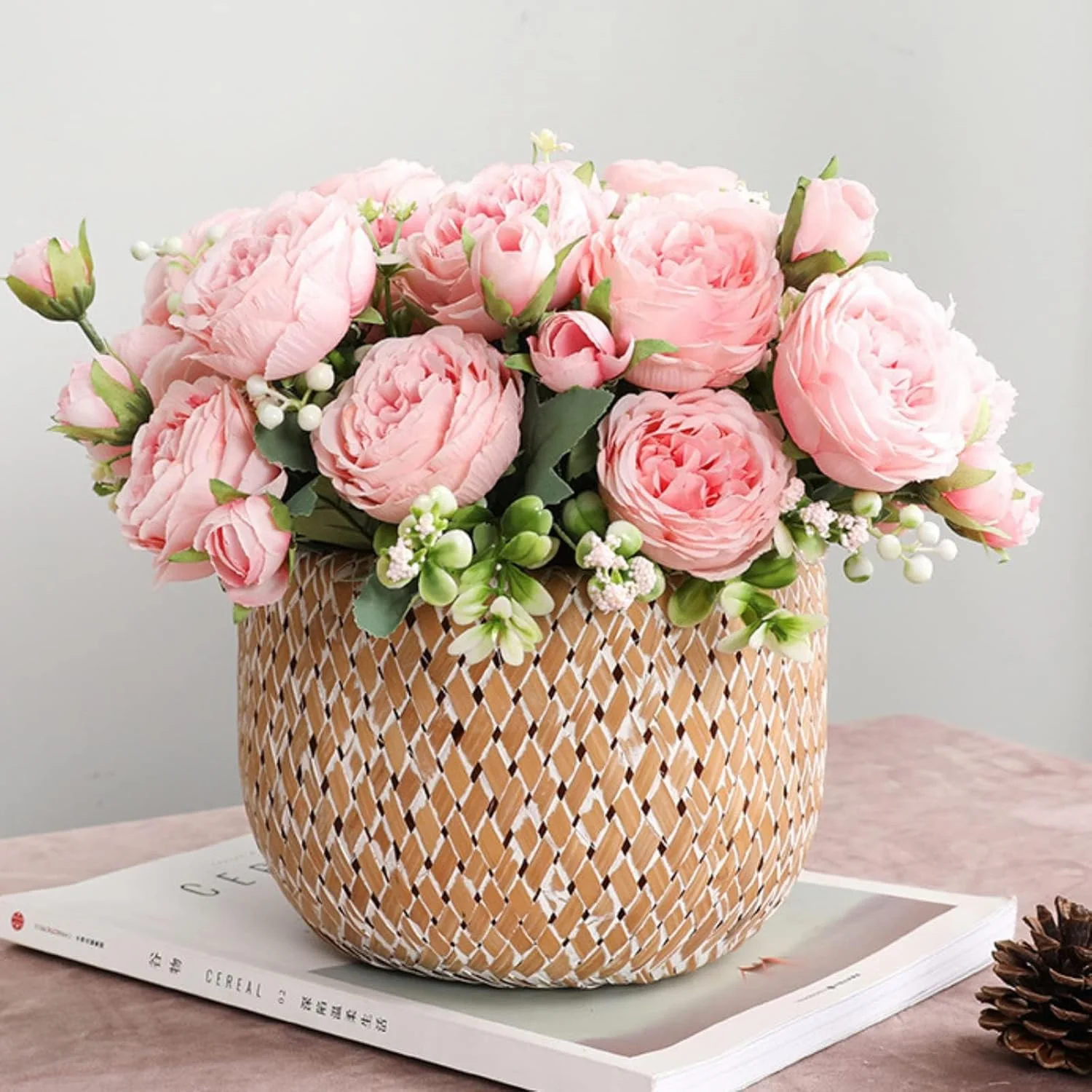 گل های مصنوعی تزئینی Excefore، دسته گل گل صد تومانی ابریشمی دکور گل رز پلاستیکی چیدمان میز برای دکور دیوار، مهمانی، عروسی 2 عدد (صورتی روشن)