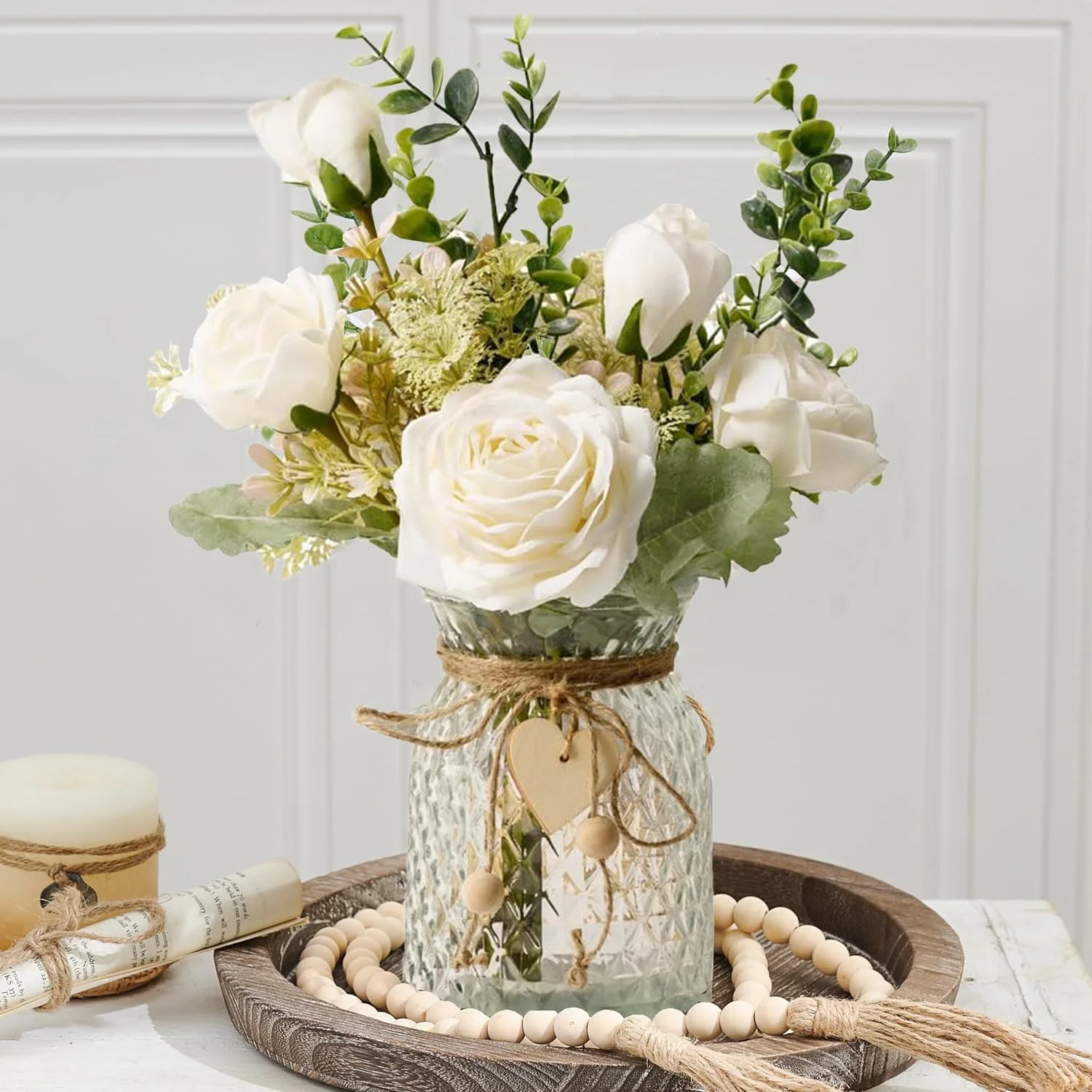 گل های مصنوعی Exrp با گلدان، گل های رز ابریشمی مصنوعی در گلدان، چیدمان گل مصنوعی با گلدان مناسب برای دکوراسیون منزل و محل کار، تزیین میز ناهار خوری