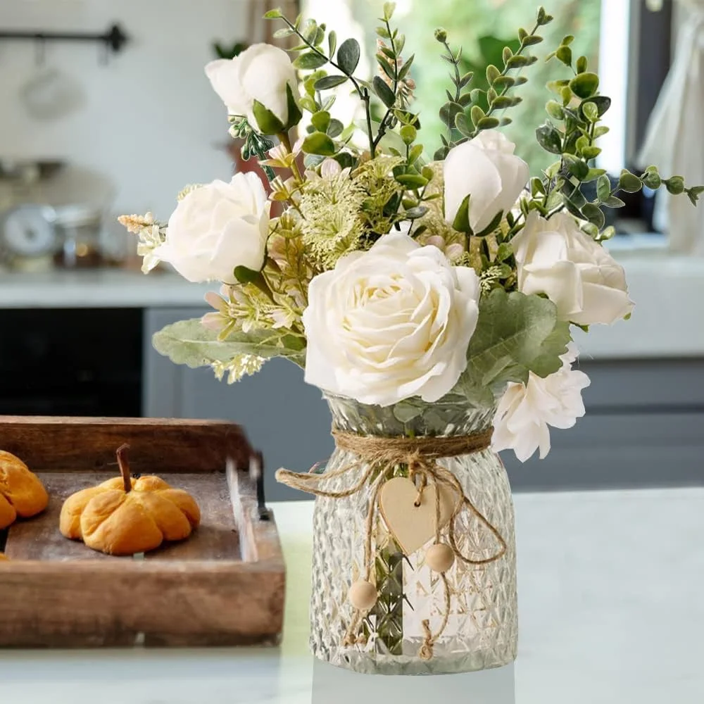 گل های مصنوعی Exrp با گلدان، گل های رز ابریشمی مصنوعی در گلدان، چیدمان گل مصنوعی با گلدان مناسب برای دکوراسیون منزل و محل کار، تزیین میز ناهار خوری