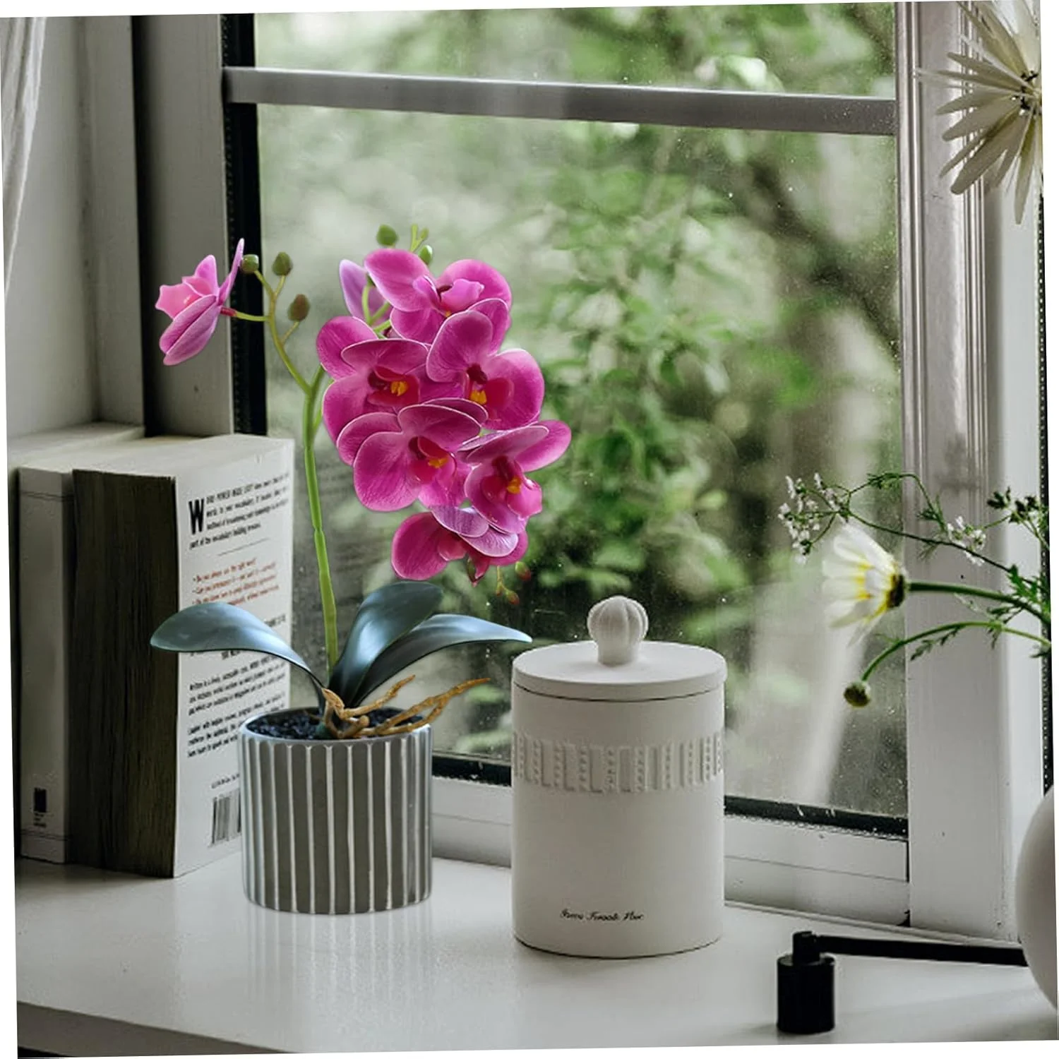 گل ارکیده مصنوعی FDTY، 32 سانتی متر، ارکیده مصنوعی واقعی در گلدان، گل های مصنوعی لمسی واقعی، بونسای تزئینی برای دکوراسیون میز، بنفش