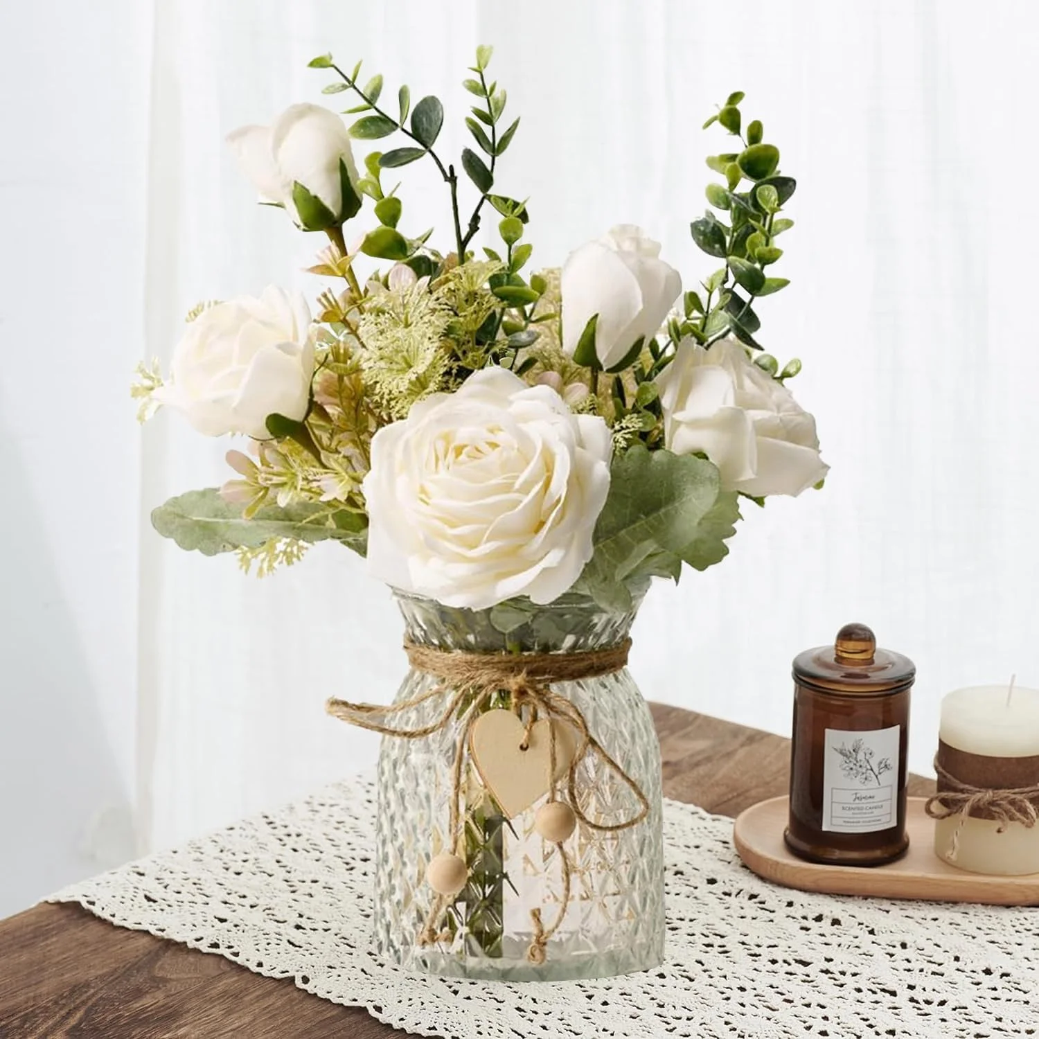 گل های مصنوعی Exrp با گلدان، گل های رز ابریشمی مصنوعی در گلدان، چیدمان گل مصنوعی با گلدان مناسب برای دکوراسیون منزل و محل کار، تزیین میز ناهار خوری