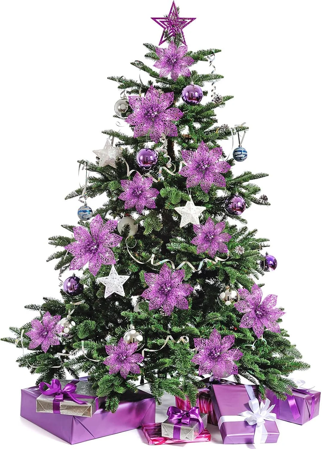 گل های مصنوعی اکلیلی پوینستیا Excefore، 24 عدد در 2 سایز، گل های تزیینی پوینستیا برای درخت کریسمس/تعطیلات/فصلی/جشن عروسی، تاج گل، دکوراسیون DIY