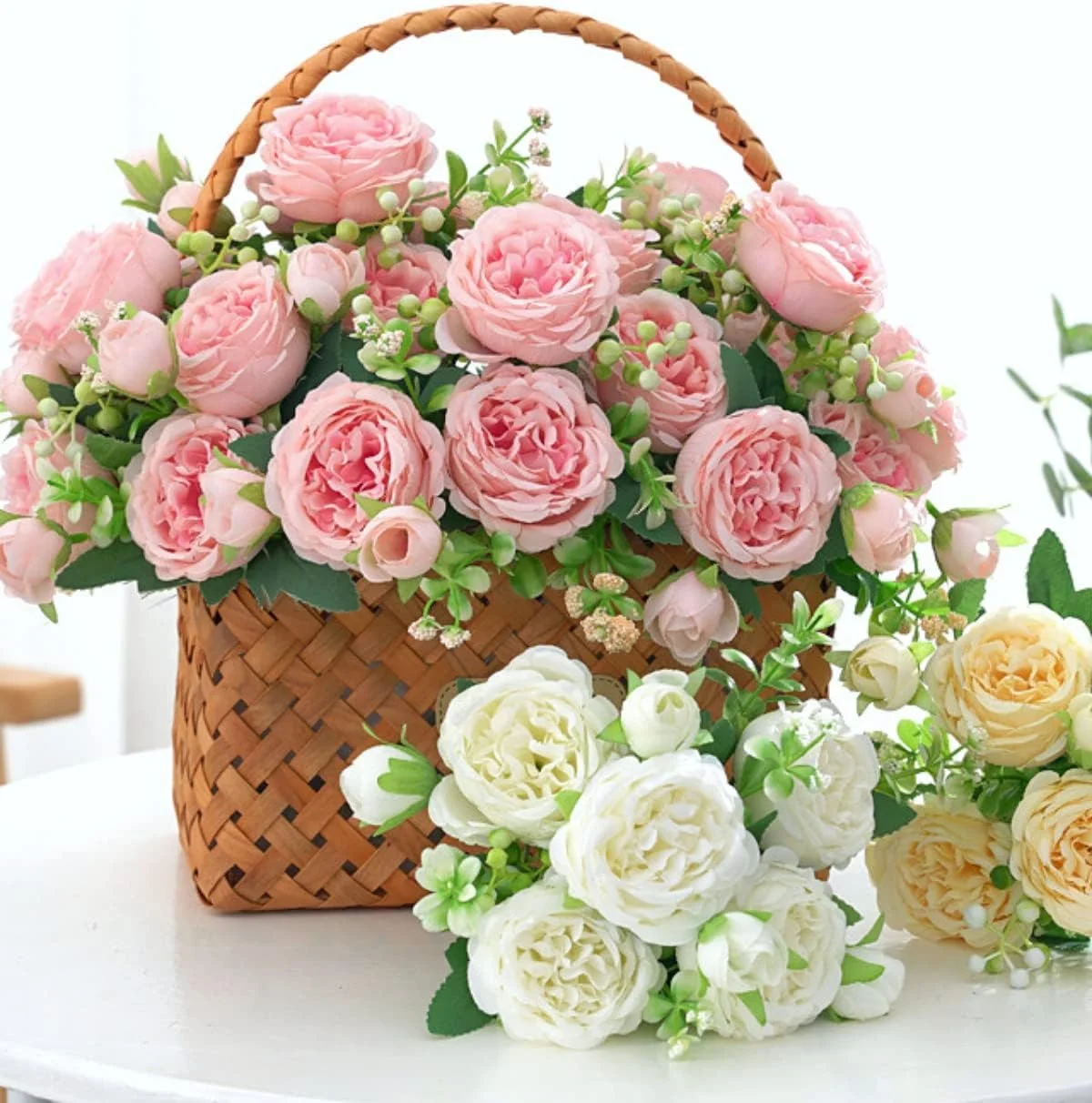 گل های مصنوعی تزئینی Excefore، دسته گل گل صد تومانی ابریشمی دکور گل رز پلاستیکی چیدمان میز برای دکور دیوار، مهمانی، عروسی 2 عدد (صورتی روشن)